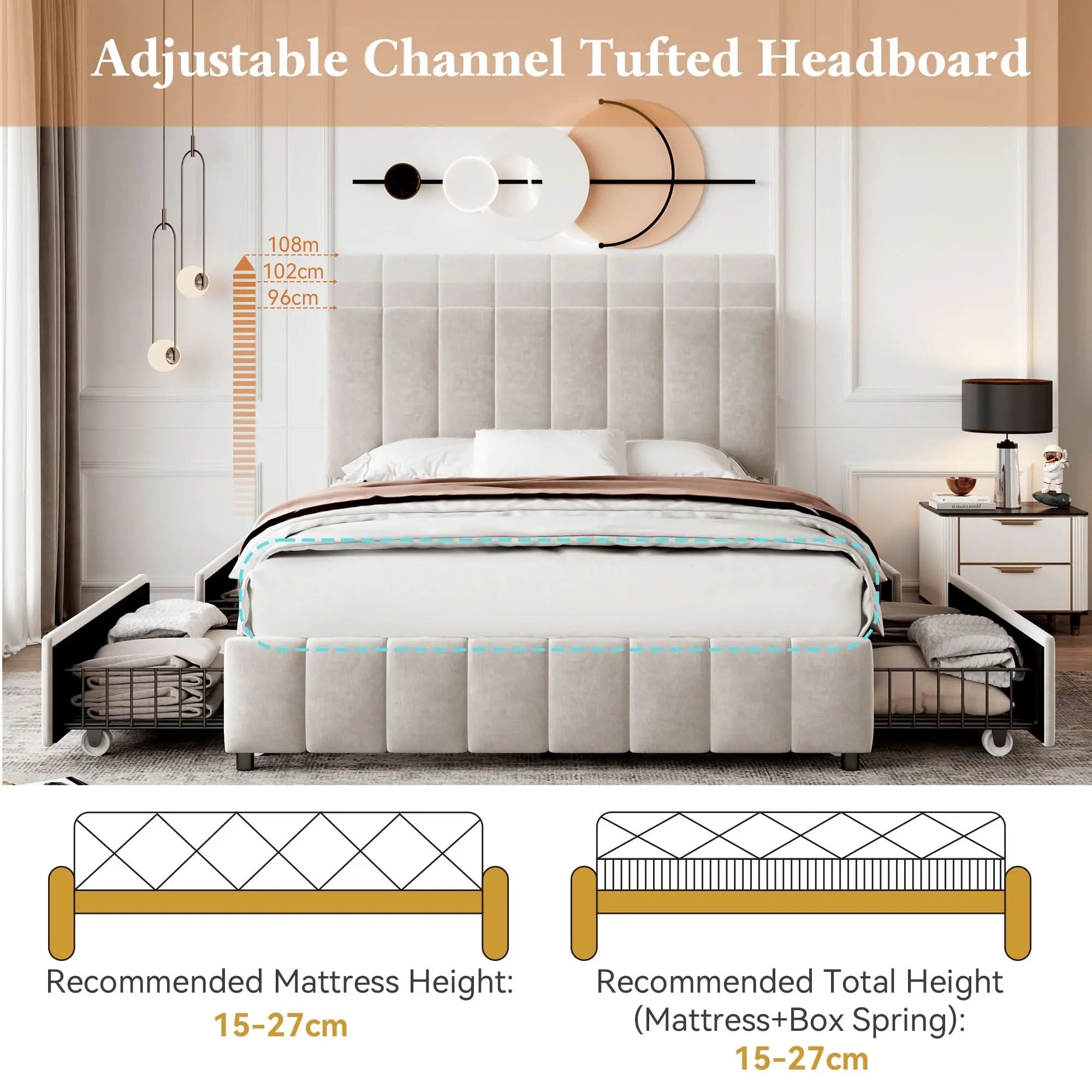 4ft6 Double Upholstered Bed With 4 Storage Drawers, Velvet Platform Bed Frame With Adjustable Channel Tufted Headboard, Metal-Wood Support, No Box Spring Needed, Easy Assembly, Beige No Mattress Haslam Living