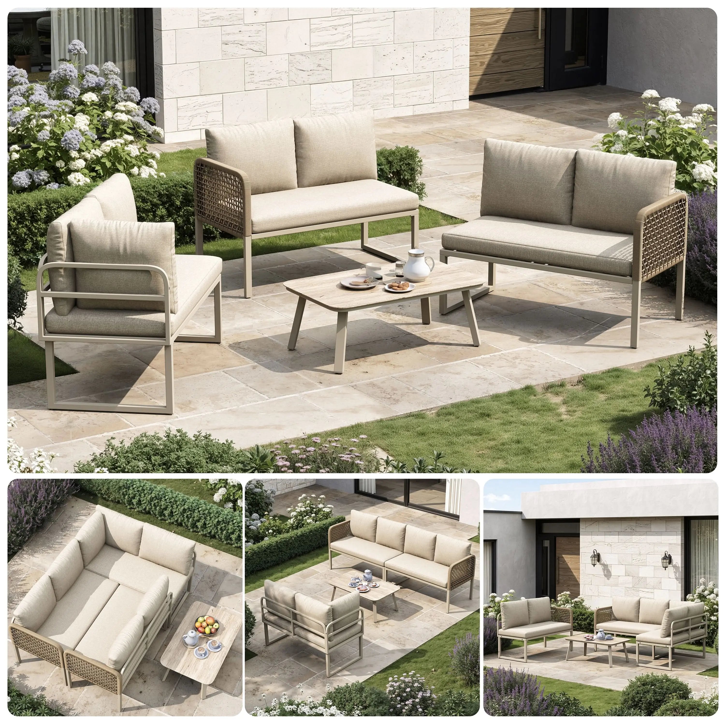 5-6 Seater Garden Furniture Set With Wood-look Tempered Glass Coffee Table, L-Shaped Corner Sofa With Polyester Rope, Weatherproof Outdoor Patio Dining Lounge Set For Balcony And Terrace, Linen, Beige Haslam Living
