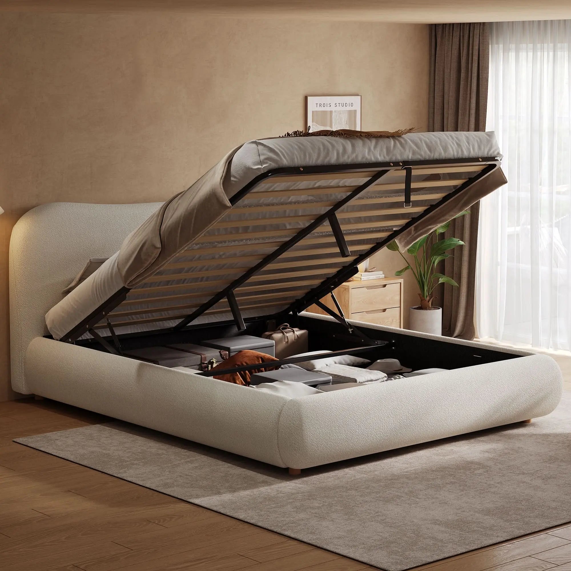 4ft6ft Ottoman Storage Bed Frame With Curved Shaped Headboard, Soft Rounded Corners, Double Upholstered Bed Frame With Boucle Fabric, Warm White Haslam Living