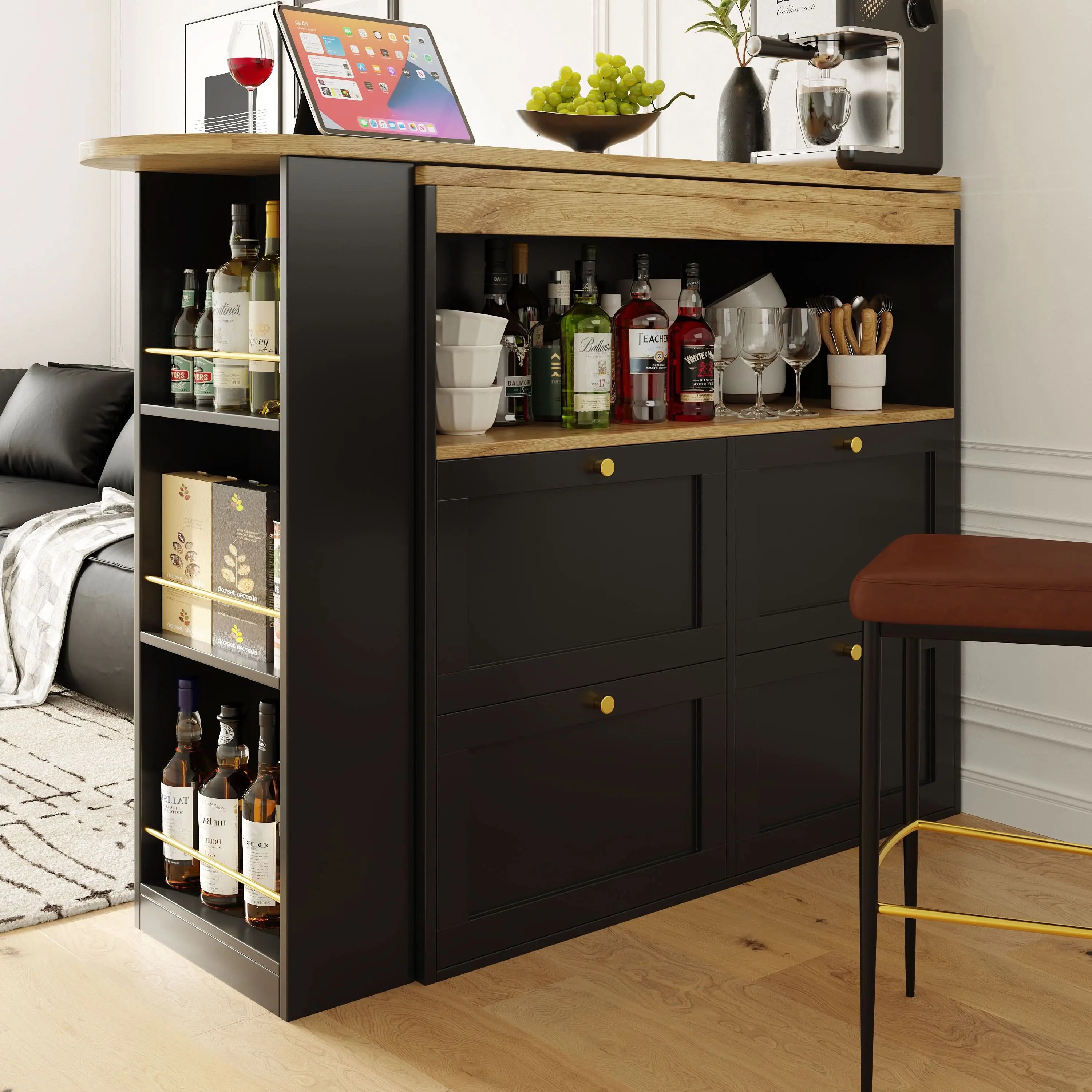 360 Swivelling Bar Table Main Body 105 X 39 X 102 Cm, With 4 Drawers And Open Shelves, Suitable For Dining Room Study Living Room Etc. Haslam Living