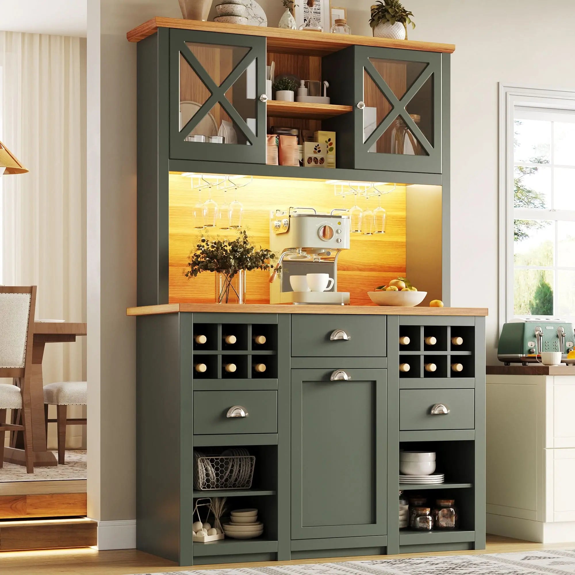 Kitchen Cabinets , Tall Kitchen Cabinets, Sideboards, Kitchen Cabinets With Glass Doors And LED Lighting, Side Cabinet With Wine Rack, Adjustable Shelves, Green Haslam Living