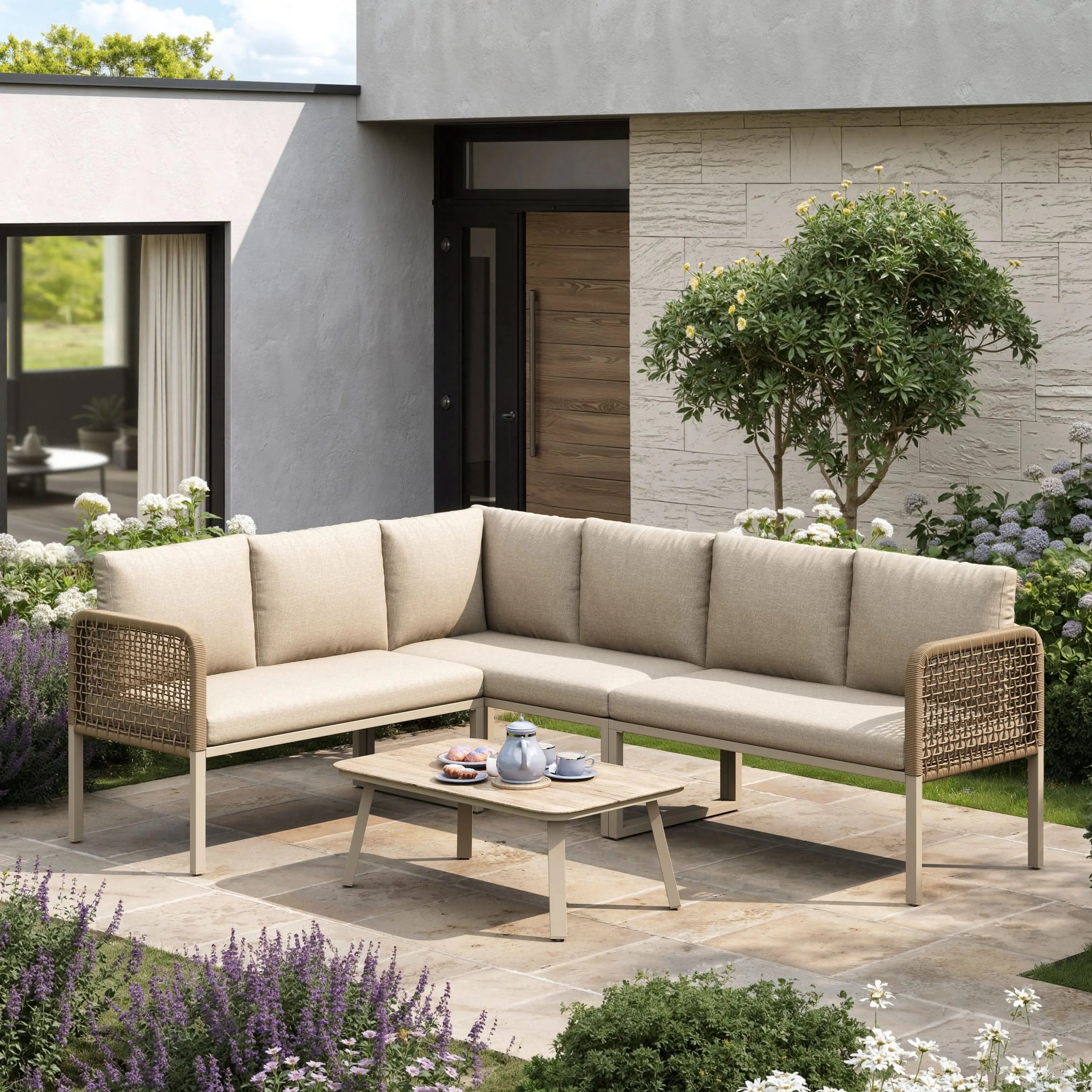 5-6 Seater Garden Furniture Set With Wood-look Tempered Glass Coffee Table, L-Shaped Corner Sofa With Polyester Rope, Weatherproof Outdoor Patio Dining Lounge Set For Balcony And Terrace, Linen, Beige Haslam Living