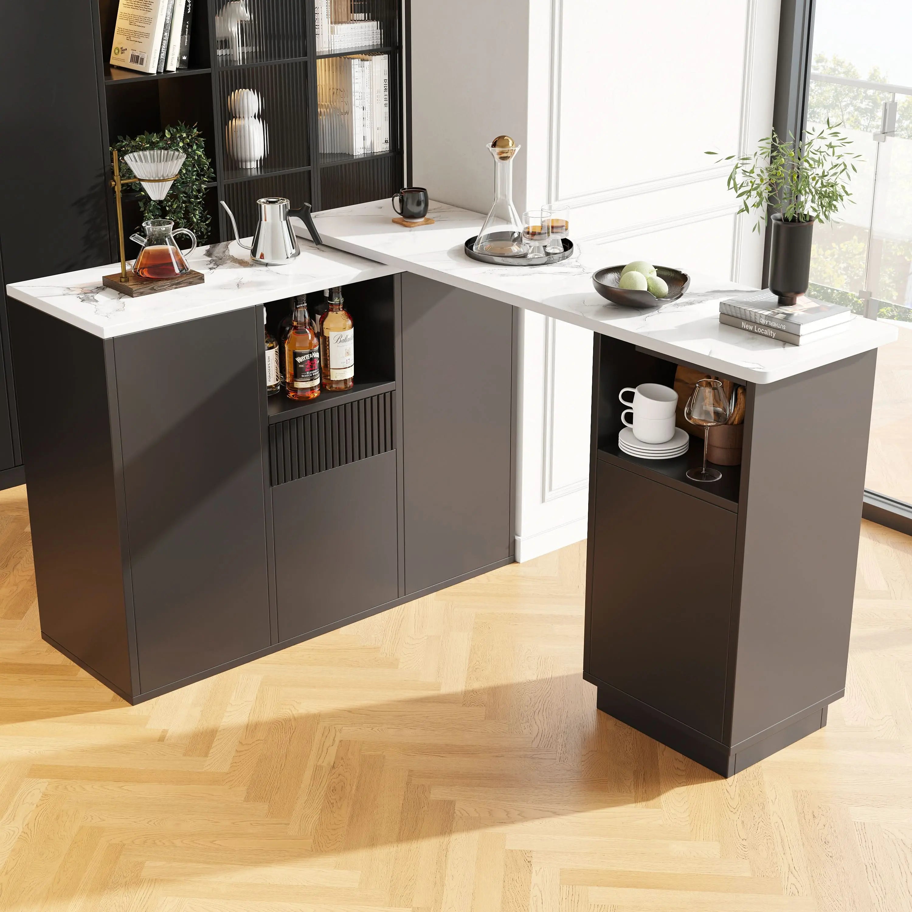 360 Swivelling Bar Table Main Body 198.5 X 30 X 75 Cm Modern And Sleek Design, With Open Storage Space And Marble Worktop, Suitable For Kitchen, Living Room And Dining Room, Black Haslam Living