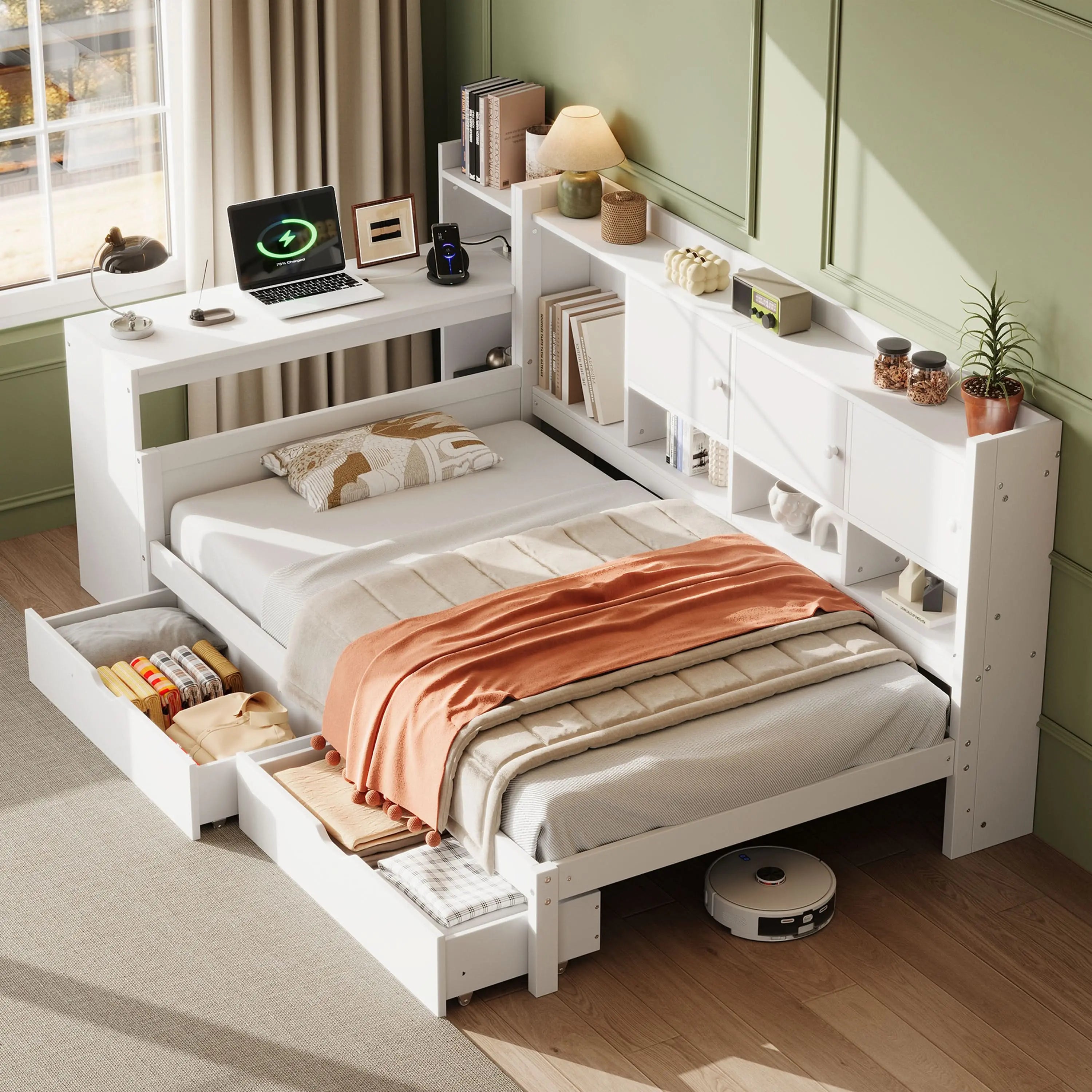 3ft Single Daybed With Storage Drawers And Bookcase, Modern Bed Frame With Charging Station And Integrated Desk, Wood Bed For Living Room Bedroom Study Room, Two Assembly Methods, White, No Mattress Haslam Living