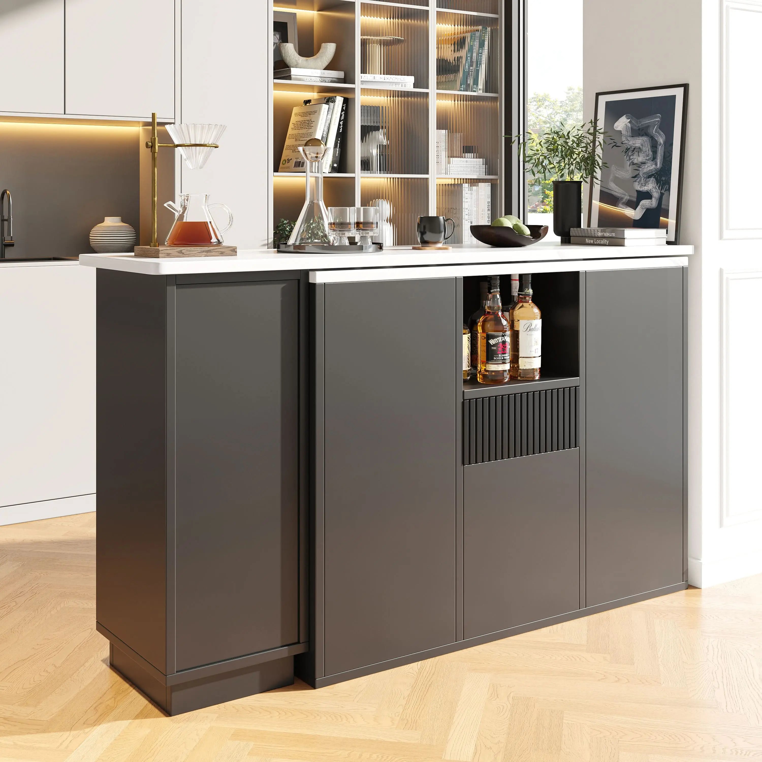 360 Swivelling Bar Table Main Body 198.5 X 30 X 75 Cm Modern And Sleek Design, With Open Storage Space And Marble Worktop, Suitable For Kitchen, Living Room And Dining Room, Black Haslam Living