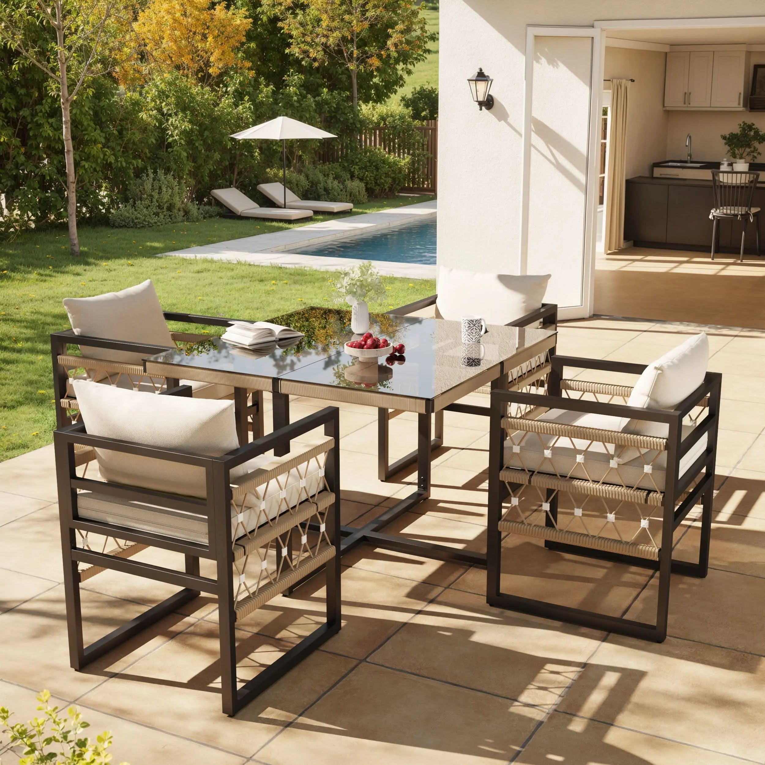 Hand-Woven Garden Sofa Set For 4 People Made Of Sturdy Iron With 4 Beige Cushions Incl. 1 Safety Glass Table & 4 Armchairs Weather-Resistant Patio Furniture Haslam Living