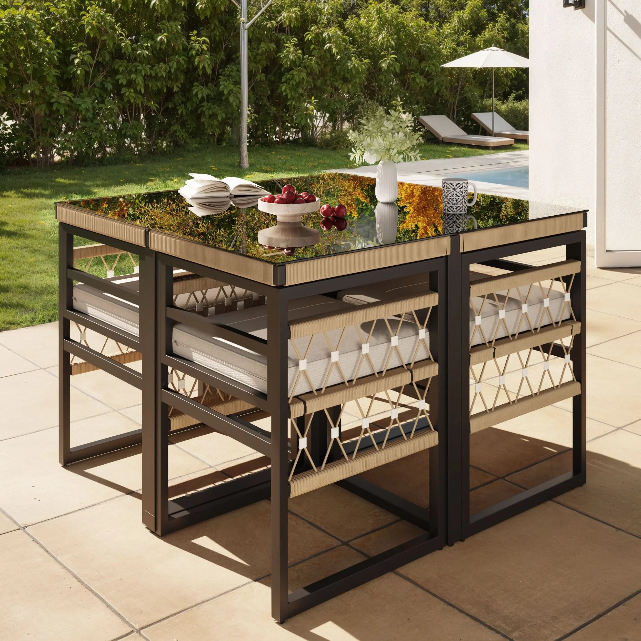 Hand-Woven Garden Sofa Set For 4 People Made Of Sturdy Iron With 4 Beige Cushions Incl. 1 Safety Glass Table & 4 Armchairs Weather-Resistant Patio Furniture Haslam Living