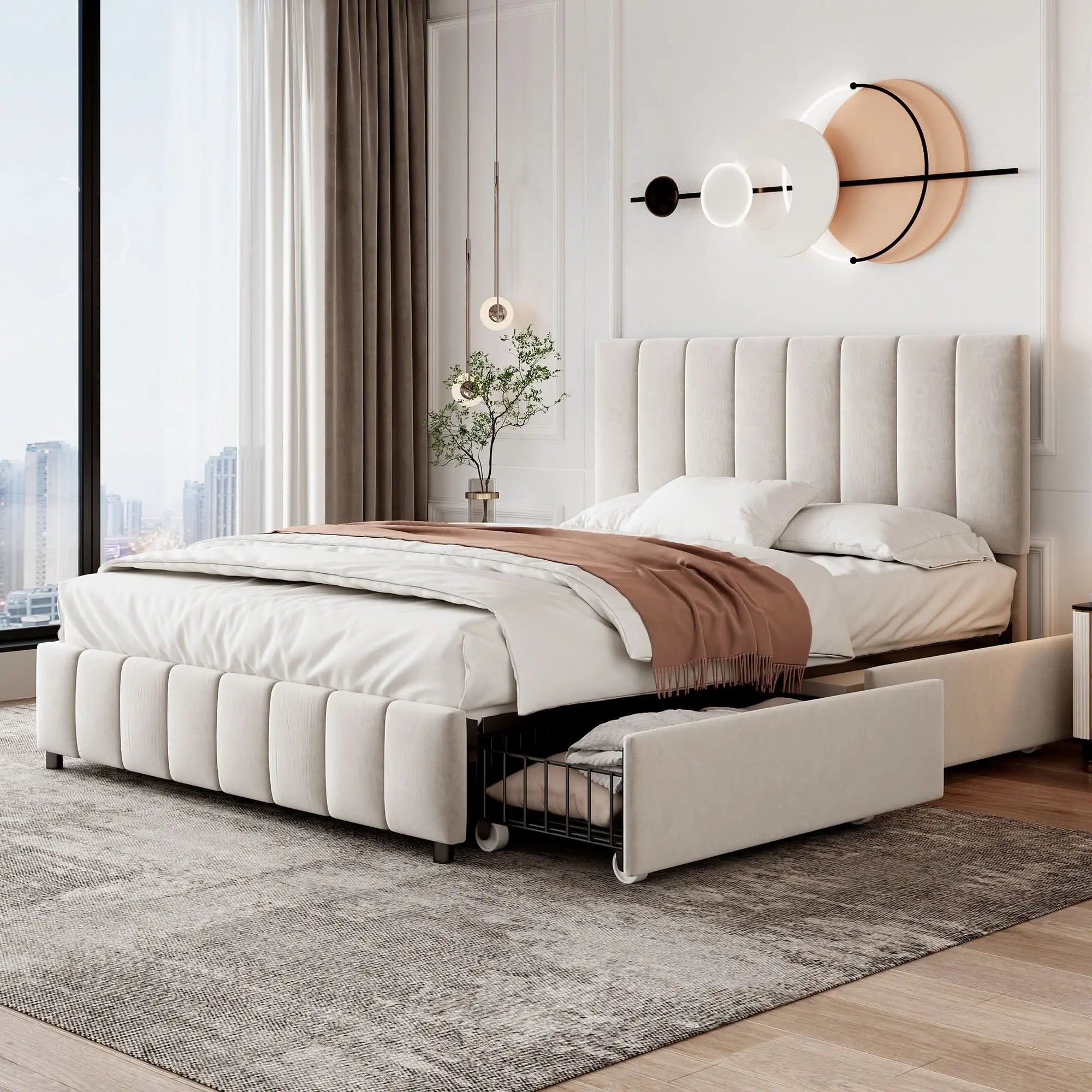 4ft6 Double Upholstered Bed With 4 Storage Drawers, Velvet Platform Bed Frame With Adjustable Channel Tufted Headboard, Metal-Wood Support, No Box Spring Needed, Easy Assembly, Beige No Mattress Haslam Living