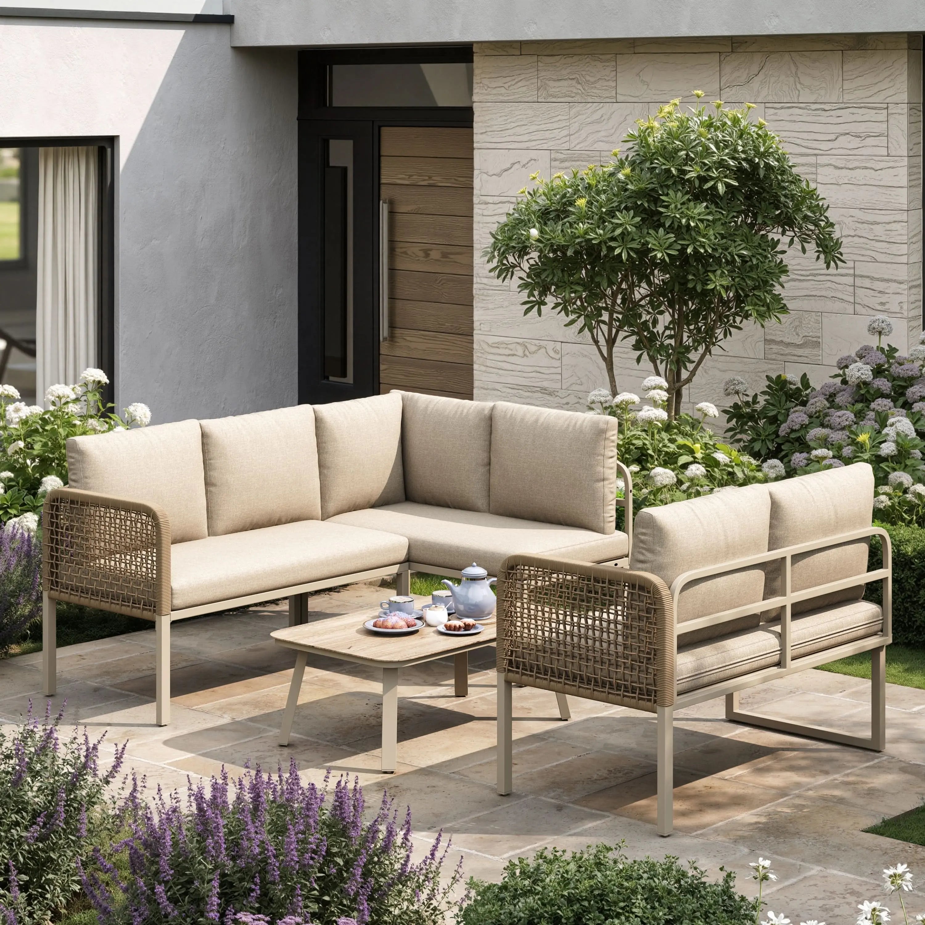 5-6 Seater Garden Furniture Set With Wood-look Tempered Glass Coffee Table, L-Shaped Corner Sofa With Polyester Rope, Weatherproof Outdoor Patio Dining Lounge Set For Balcony And Terrace, Linen, Beige Haslam Living