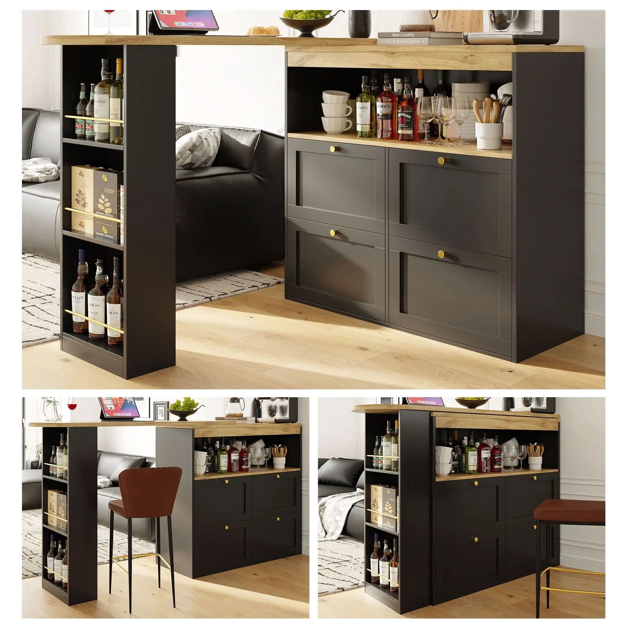 360 Swivelling Bar Table Main Body 105 X 39 X 102 Cm, With 4 Drawers And Open Shelves, Suitable For Dining Room Study Living Room Etc. Haslam Living
