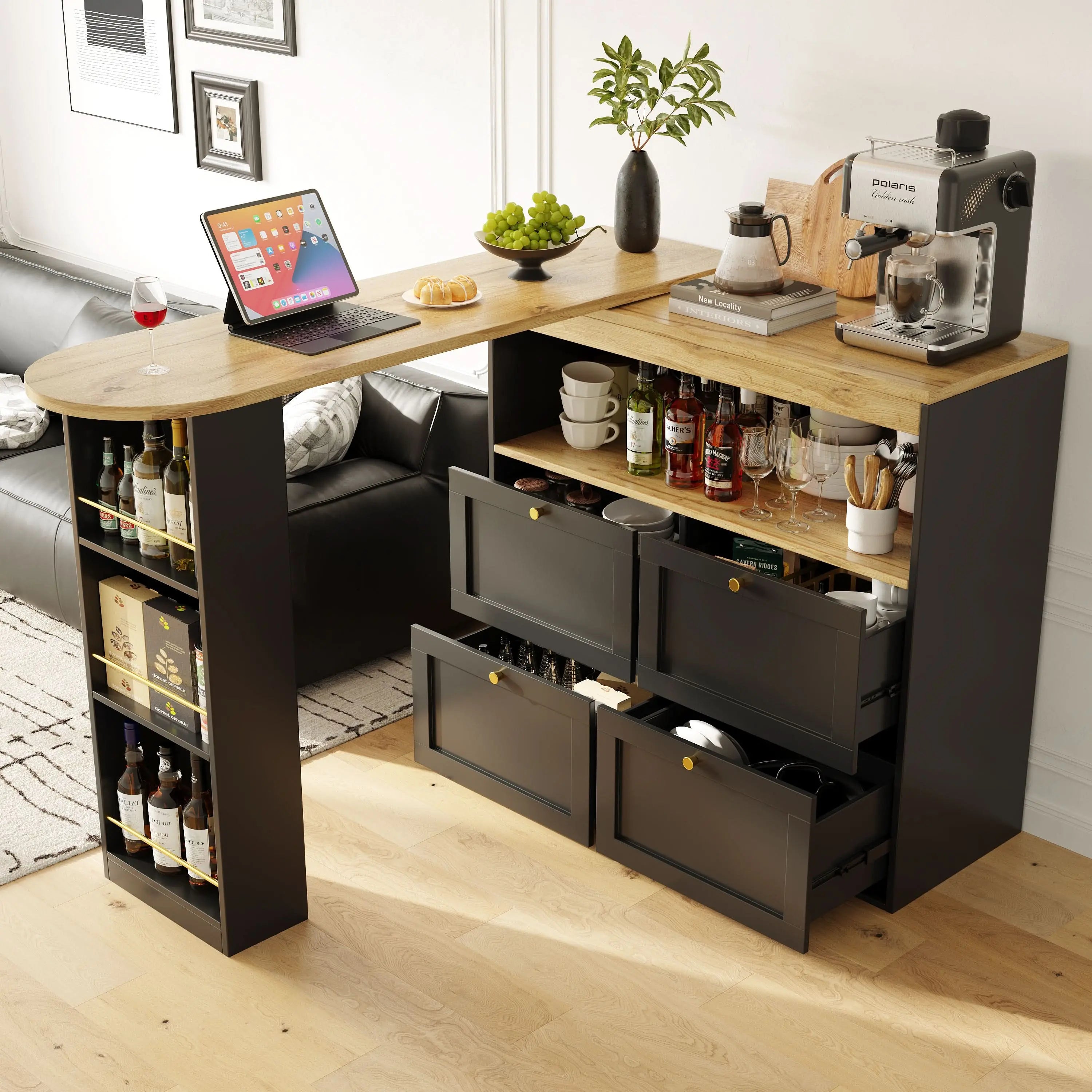 360 Swivelling Bar Table Main Body 105 X 39 X 102 Cm, With 4 Drawers And Open Shelves, Suitable For Dining Room Study Living Room Etc. Haslam Living