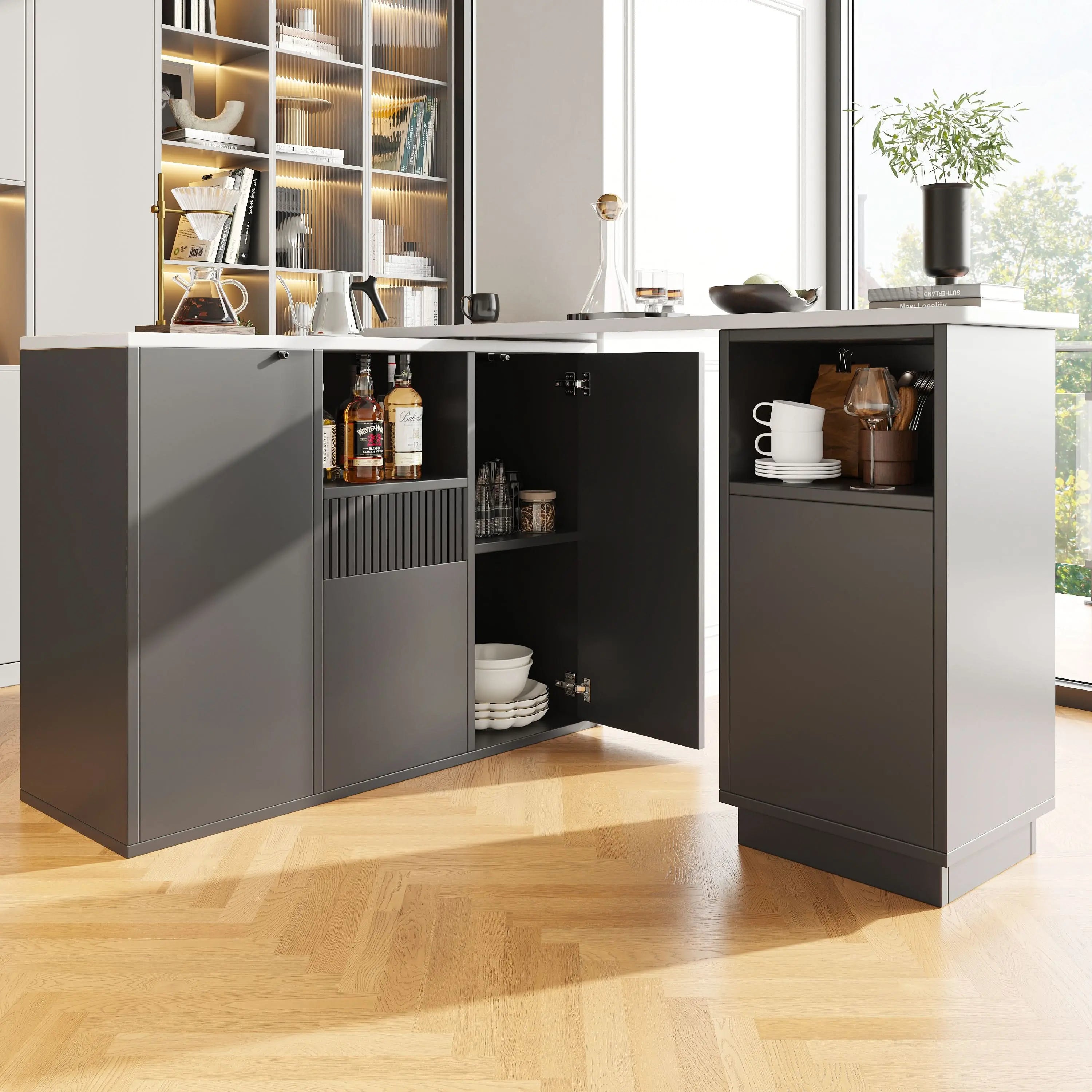 360 Swivelling Bar Table Main Body 198.5 X 30 X 75 Cm Modern And Sleek Design, With Open Storage Space And Marble Worktop, Suitable For Kitchen, Living Room And Dining Room, Black Haslam Living