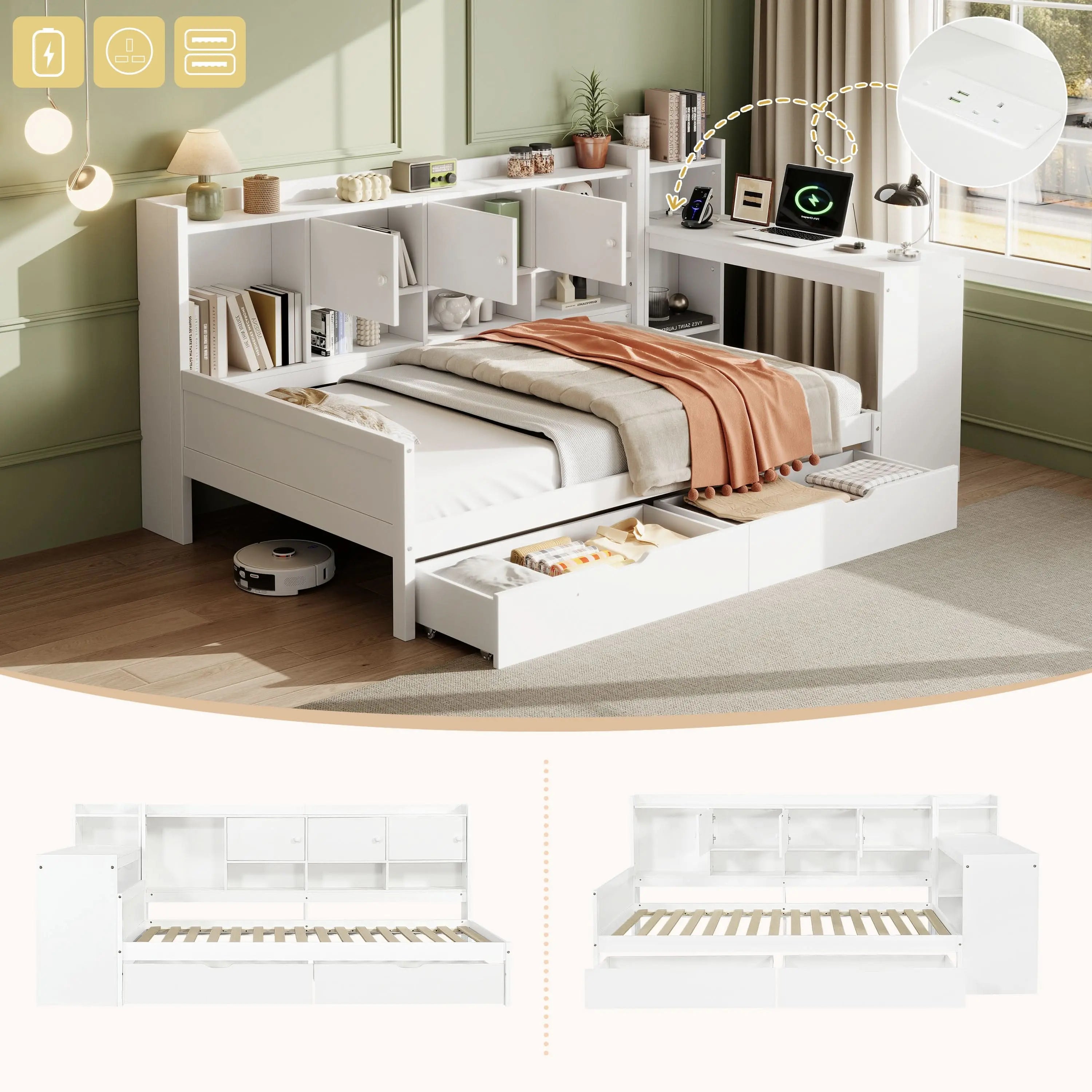 3ft Single Daybed With Storage Drawers And Bookcase, Modern Bed Frame With Charging Station And Integrated Desk, Wood Bed For Living Room Bedroom Study Room, Two Assembly Methods, White, No Mattress Haslam Living