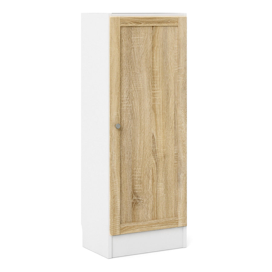 Basic Low Narrow Storage Cabinet in White (2 Shelves) with Oak Door