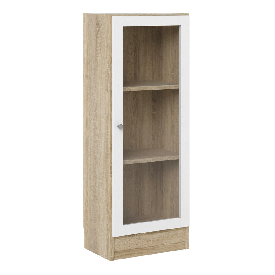 Basic Low Narrow Display Cabinet in Oak (2 Shelves) with Glass White Door
