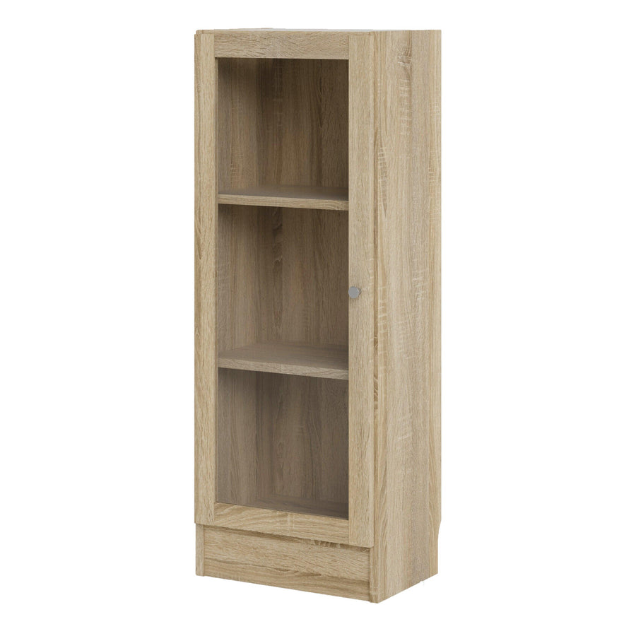 Basic Low Narrow Display Cabinet in Oak (2 Shelves) with Glass Oak Door
