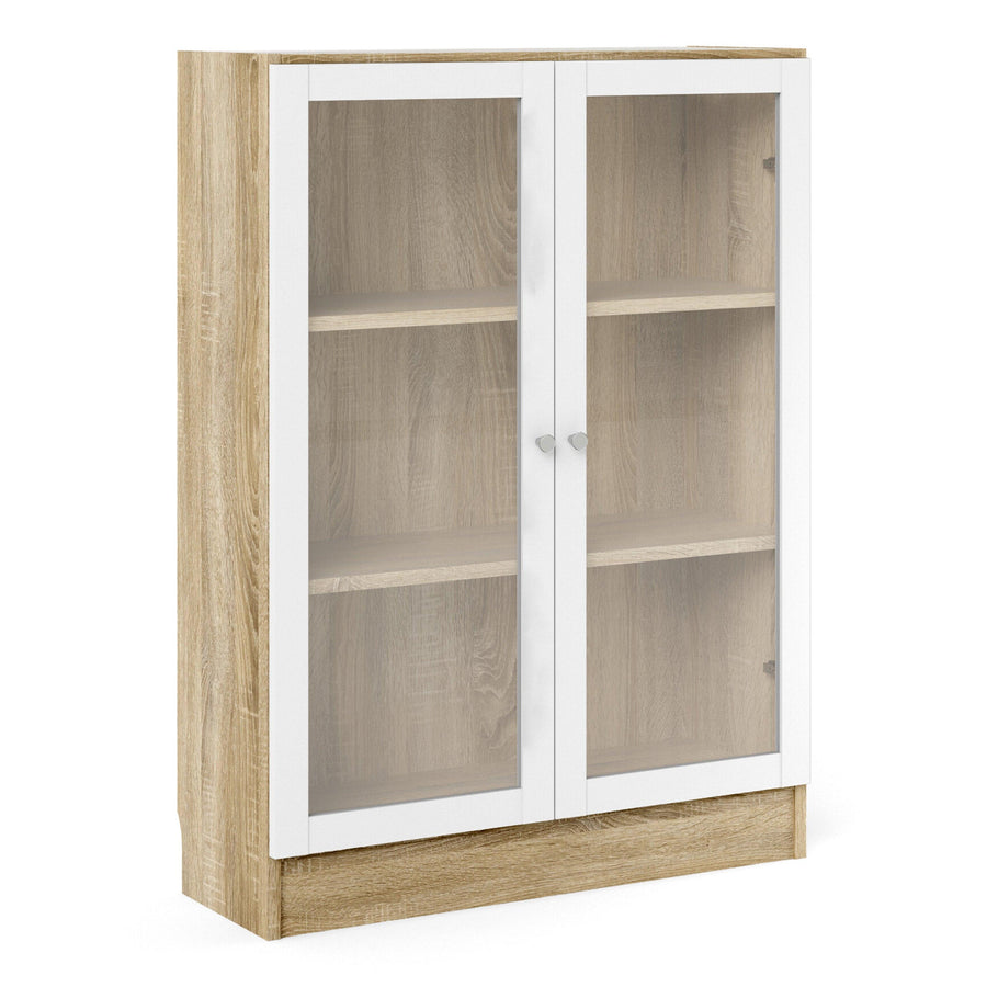 Basic Low Wide Display Cabinet in Oak (2 Shelves) with 2 Glass Doors in White