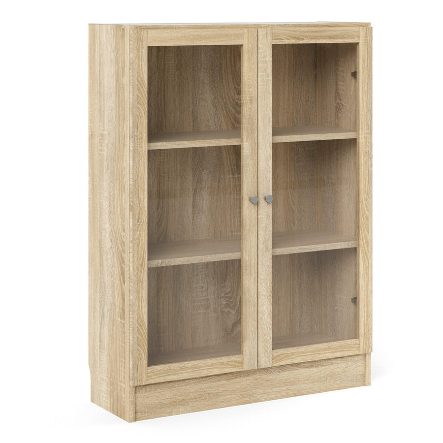 Basic Low Wide Display Cabinet in Oak (2 Shelves) with 2 Glass Doors in Oak