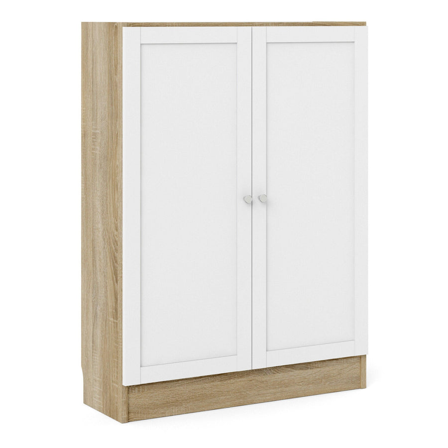 Basic Low Wide Storage Cabinet in Oak (2 Shelves) with 2 White Doors
