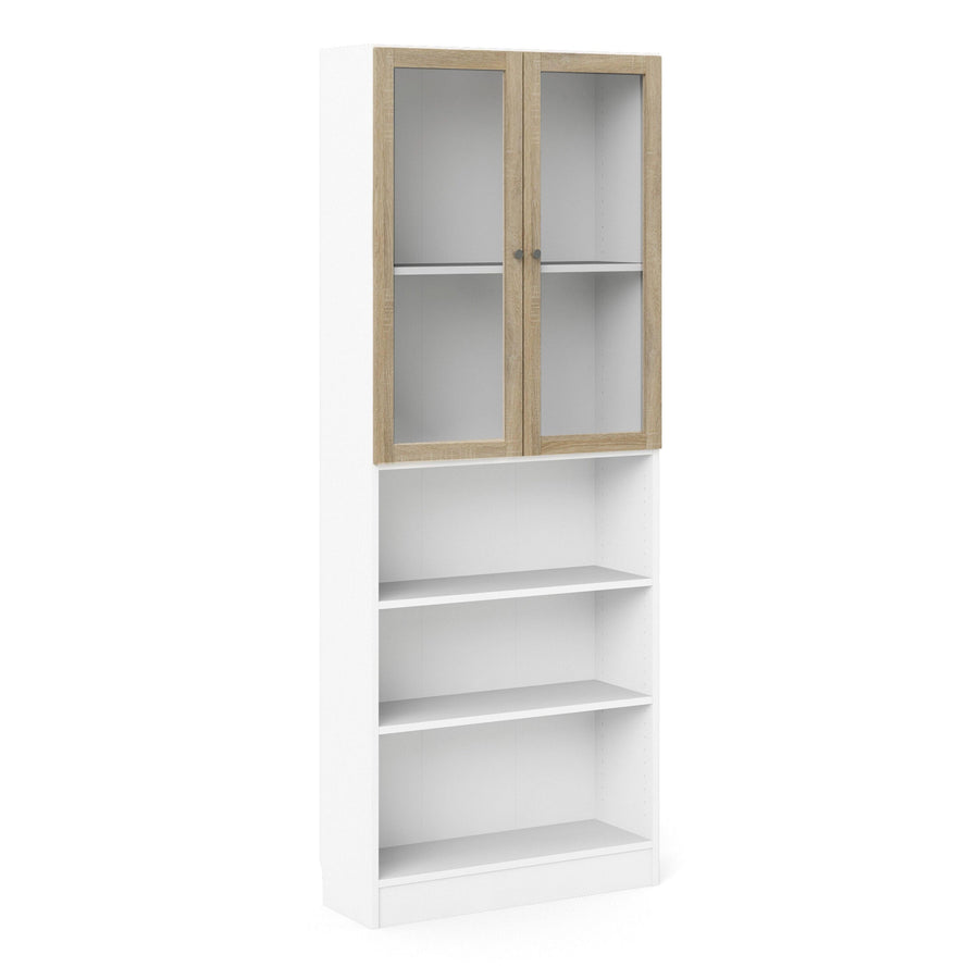 Basic Tall Wide Display Cabinet in White (4 Shelves) with 2 Glass Oak Doors