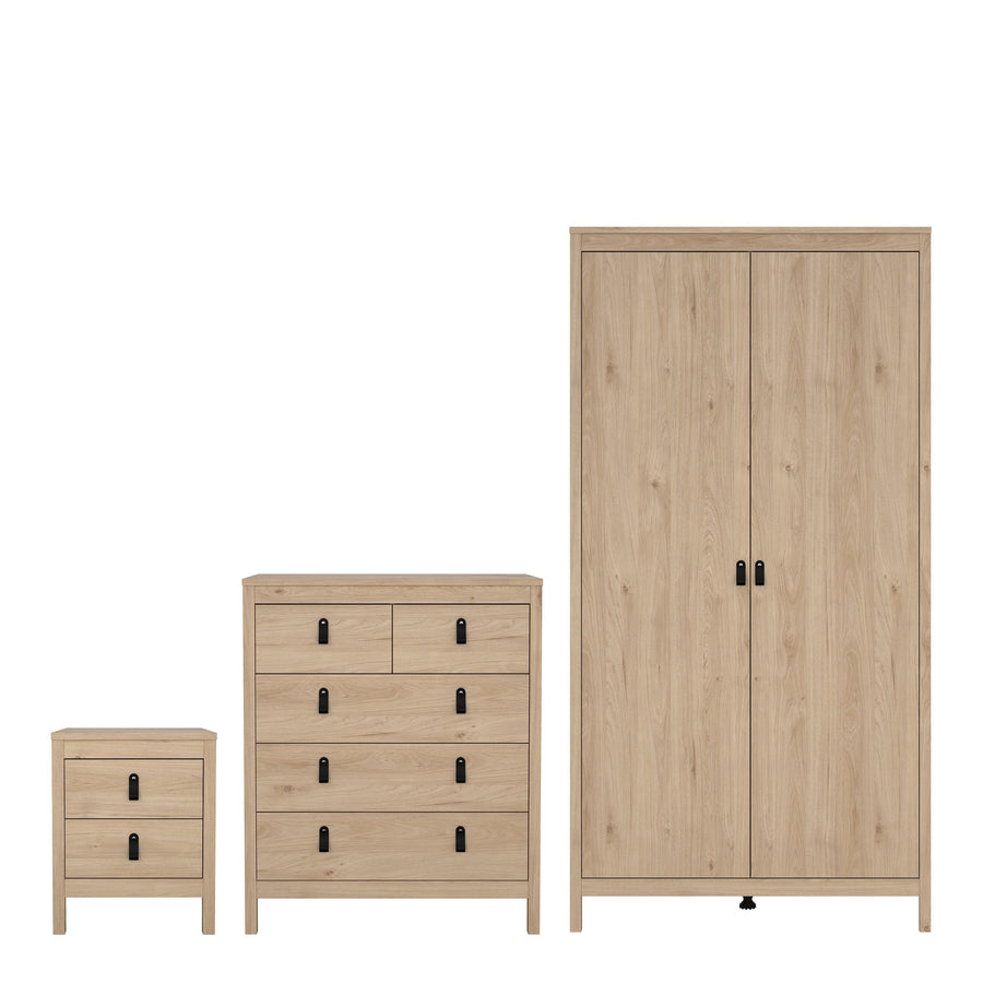 Barcelona Package - Bedside Table 2 Drawers + Chest 5 Drawers + 2 Door Wardrobe in Jackson Hickory Oak