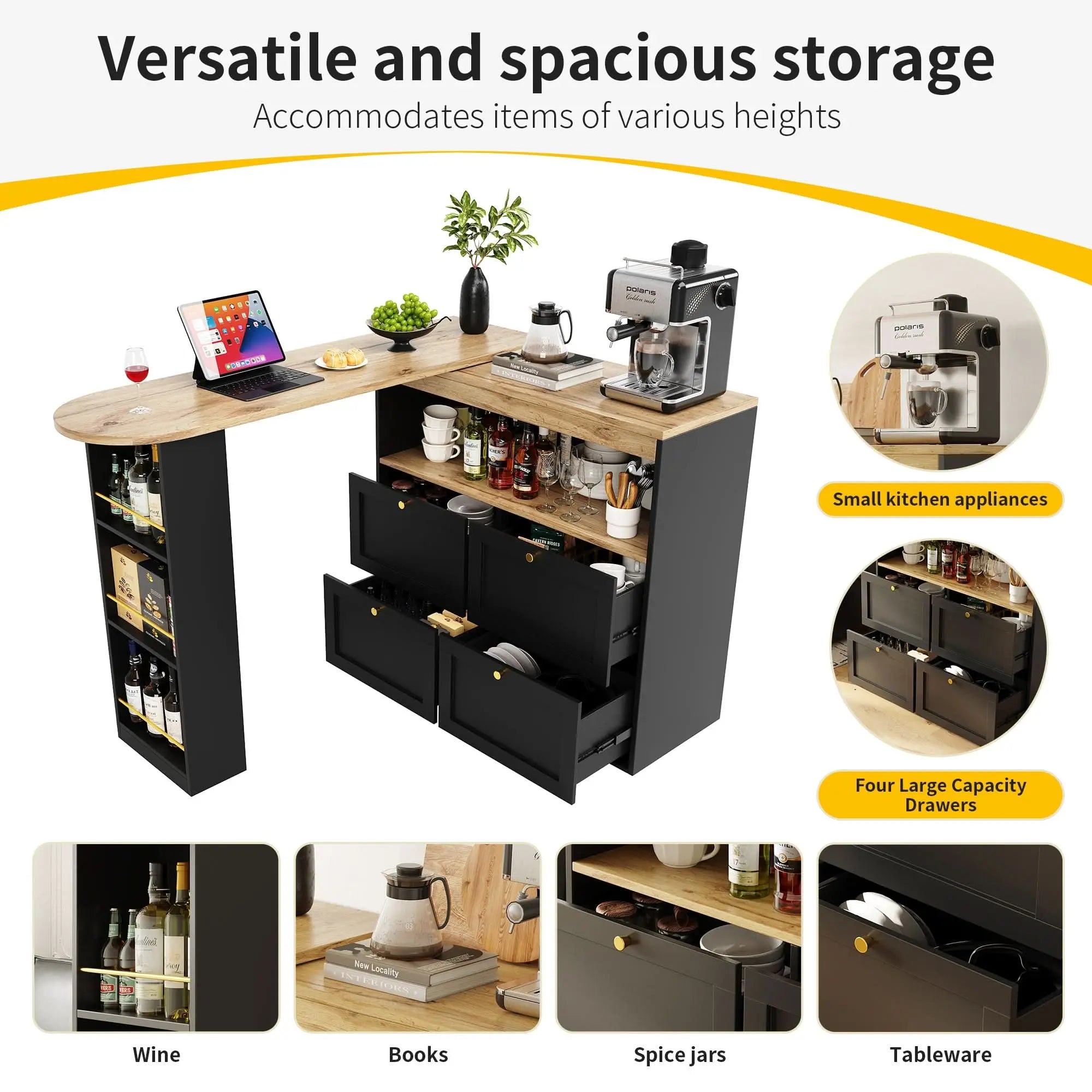 360 Swivelling Bar Table Main Body 105 X 39 X 102 Cm, With 4 Drawers And Open Shelves, Suitable For Dining Room Study Living Room Etc. Haslam Living