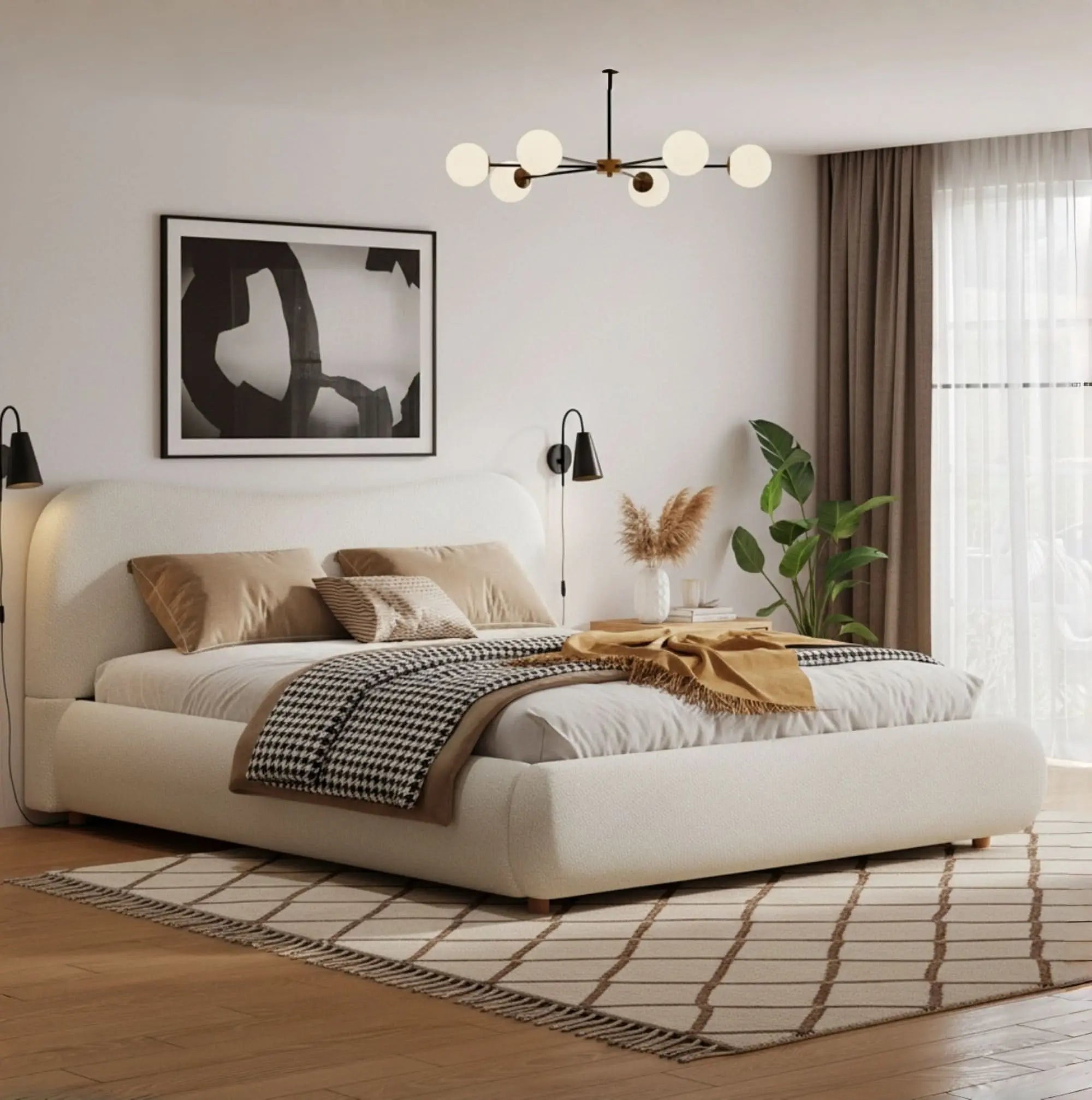 4ft6ft Ottoman Storage Bed Frame With Curved Shaped Headboard, Soft Rounded Corners, Double Upholstered Bed Frame With Boucle Fabric, Warm White Haslam Living