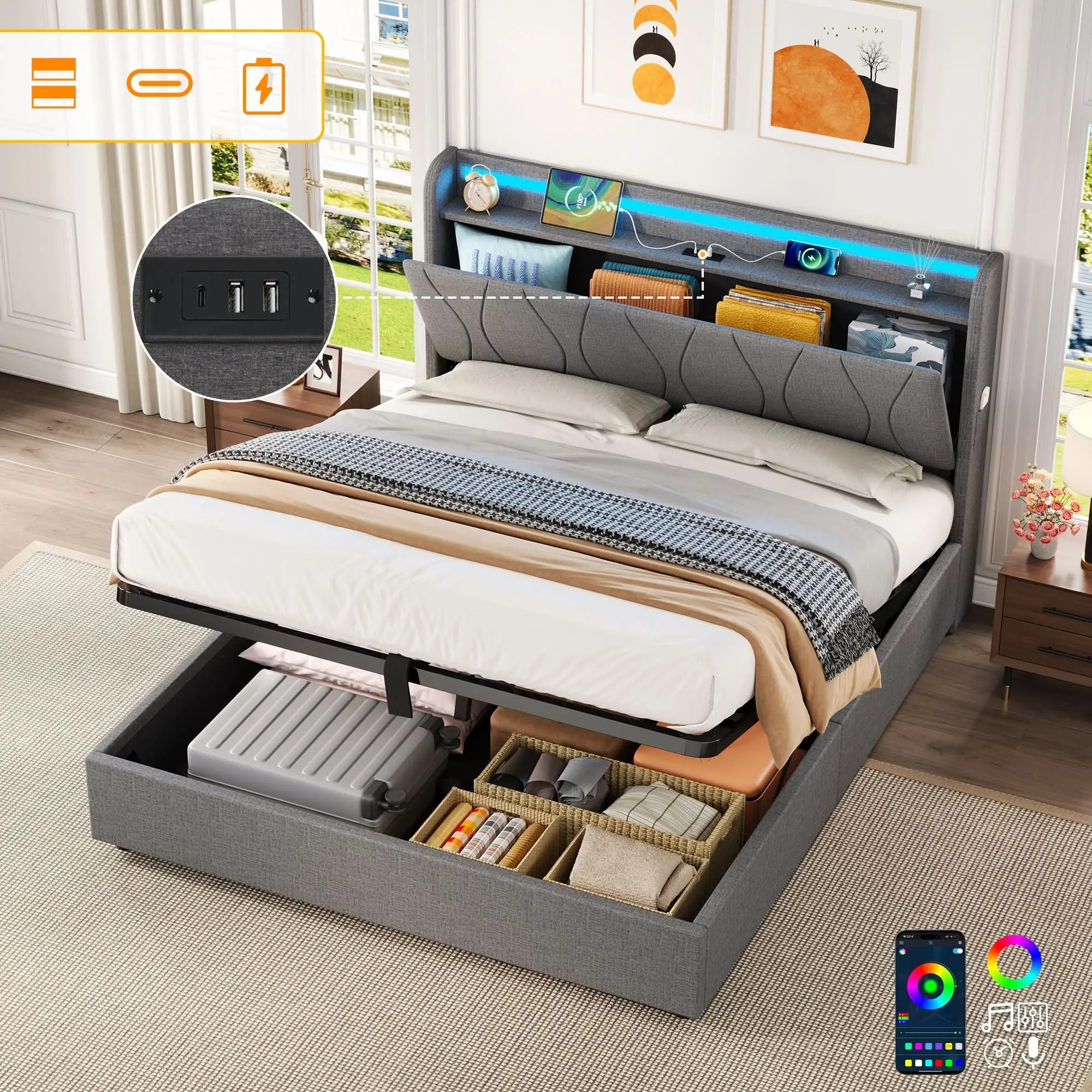4ft6 Double Upholstered Bed Frame With Hydraulic Storage, LED Headboard With Charging Station And Concealed Headboard Storage, USB And Type - C Ports, Linen, No Box Spring Needed, Grey, No Mattress Haslam Living