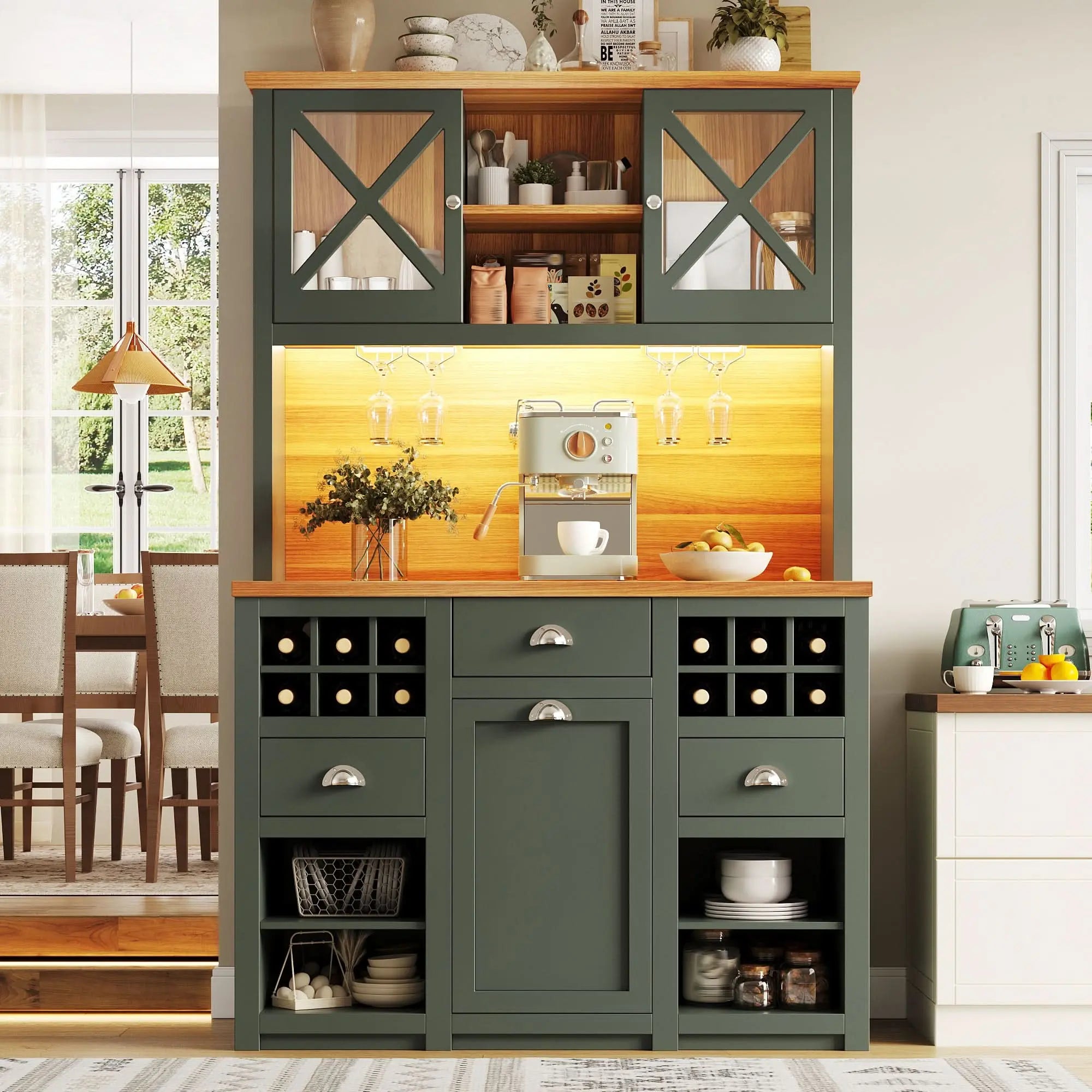 Kitchen Cabinets , Tall Kitchen Cabinets, Sideboards, Kitchen Cabinets With Glass Doors And LED Lighting, Side Cabinet With Wine Rack, Adjustable Shelves, Green Haslam Living