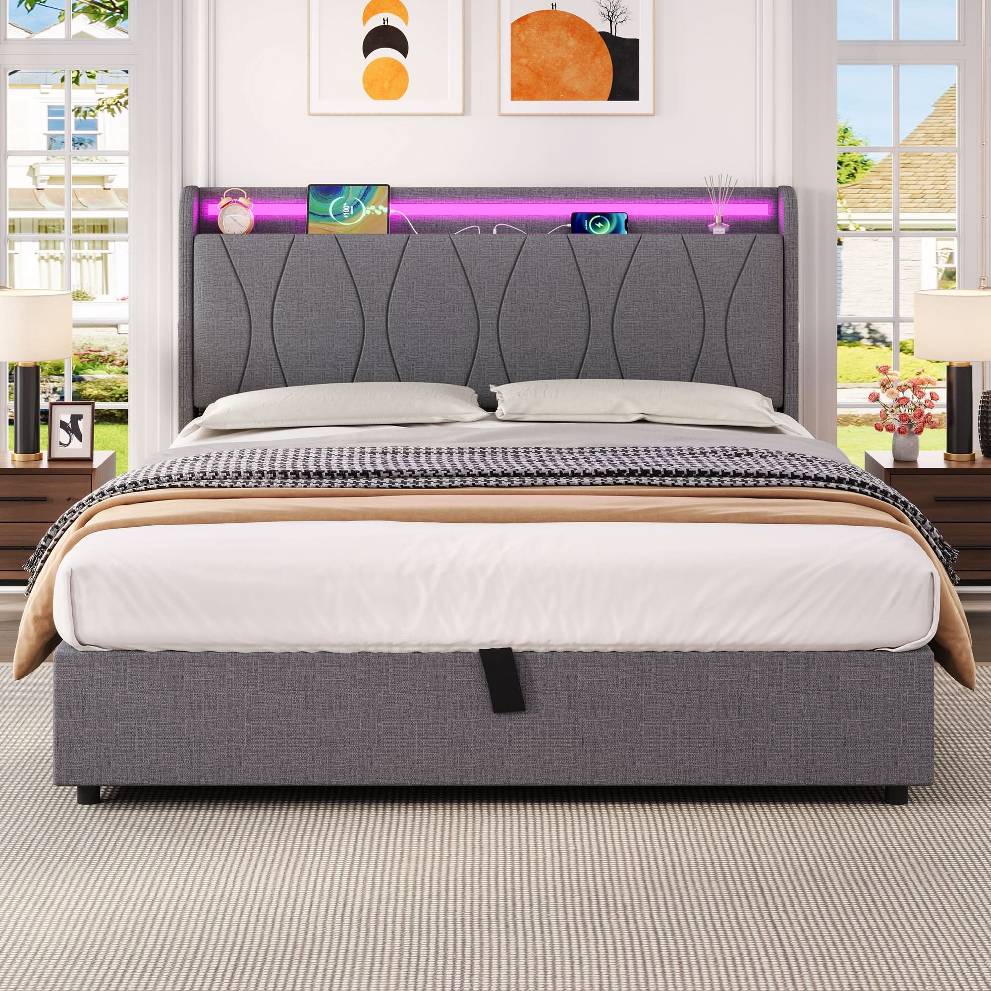 4ft6 Double Upholstered Bed Frame With Hydraulic Storage, LED Headboard With Charging Station And Concealed Headboard Storage, USB And Type - C Ports, Linen, No Box Spring Needed, Grey, No Mattress Haslam Living