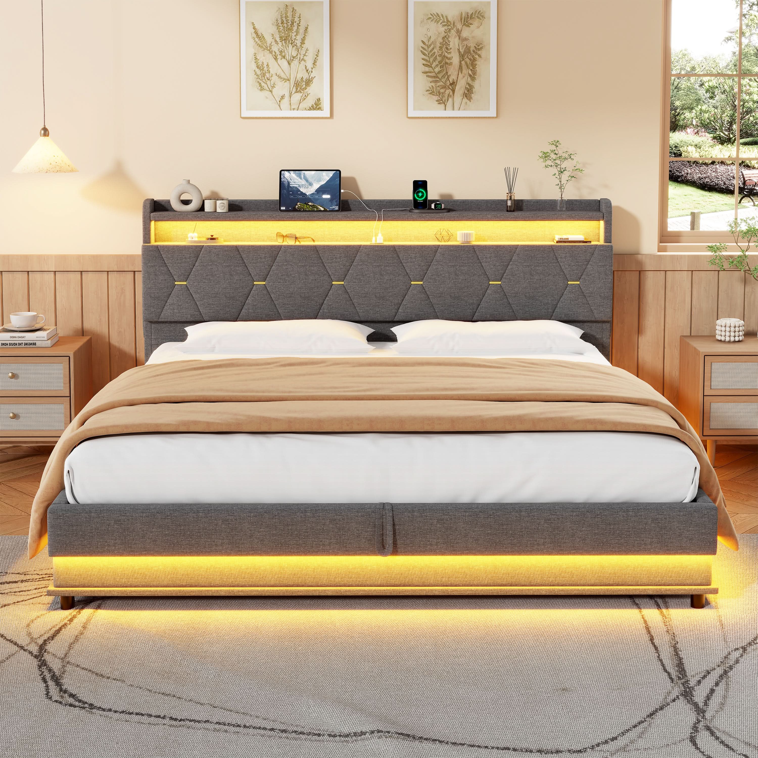 6ft Super King Upholstered Bed Frame With Hydraulic Storage, LED Headboard With Charging Station And Concealed Headboard Storage, USB And Type - C Ports, Linen, Grey, No Mattress Haslam Living