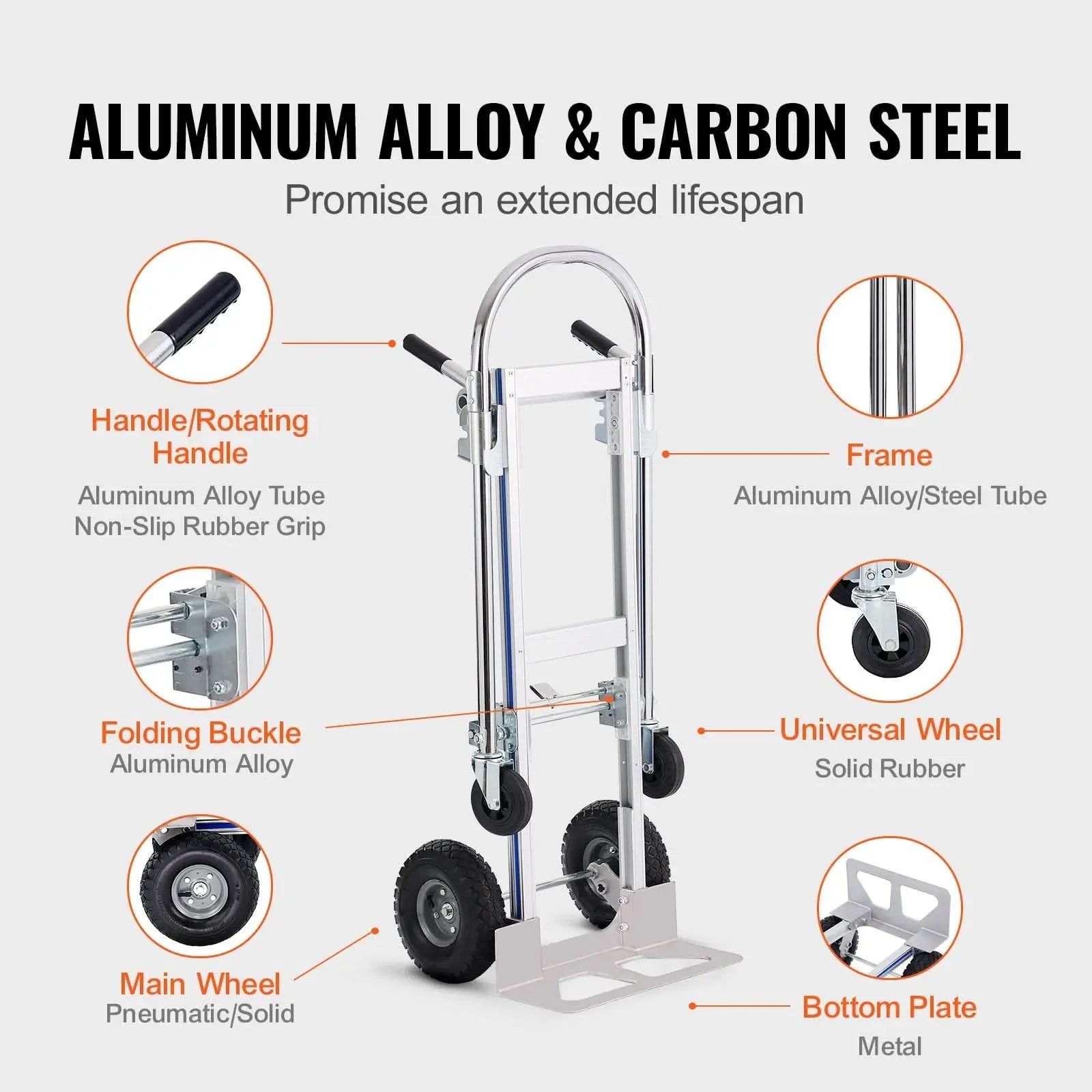 Aluminum Hand Truck, 2 In 1, 362.9 Kg Load Capacity, Heavy Duty Industrial Convertible Folding Hand Truck And Dolly, Utility Cart Converts From Hand Truck To Platform Cart With Rubber Wheels Haslam Living