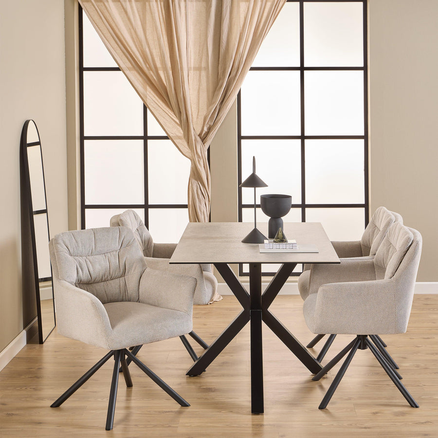 Heaven Dining Table with Ceramic White Top 135x80cm includes 4 Alonso Swivel Cream Dining Chairs with Armrest