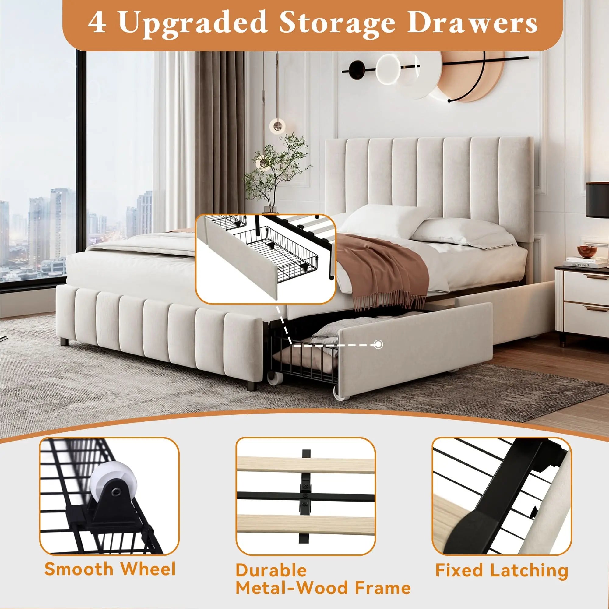 4ft6 Double Upholstered Bed With 4 Storage Drawers, Velvet Platform Bed Frame With Adjustable Channel Tufted Headboard, Metal-Wood Support, No Box Spring Needed, Easy Assembly, Beige No Mattress Haslam Living