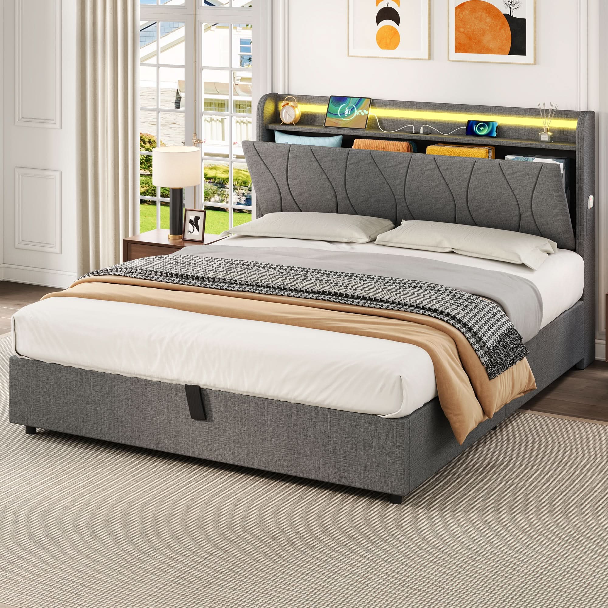 4ft6 Double Upholstered Bed Frame With Hydraulic Storage, LED Headboard With Charging Station And Concealed Headboard Storage, USB And Type - C Ports, Linen, No Box Spring Needed, Grey, No Mattress Haslam Living