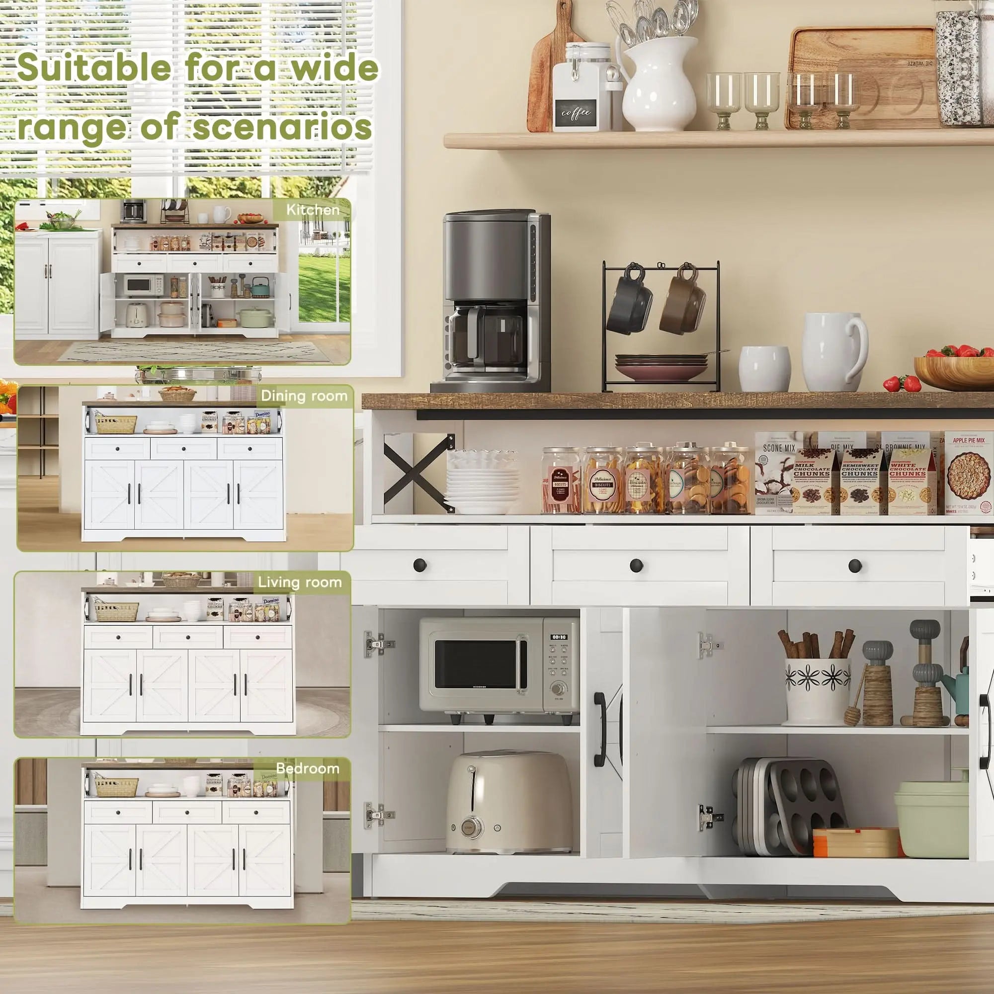 Sideboard 140cm With Storage, Coffee Bar Cabinet With 3 Drawers, Farmhouse Style With Doors, Cabinets With Shelves, Suitable For Kitchen, Living Room, Hallway, Rustic White Brown Style Haslam Living