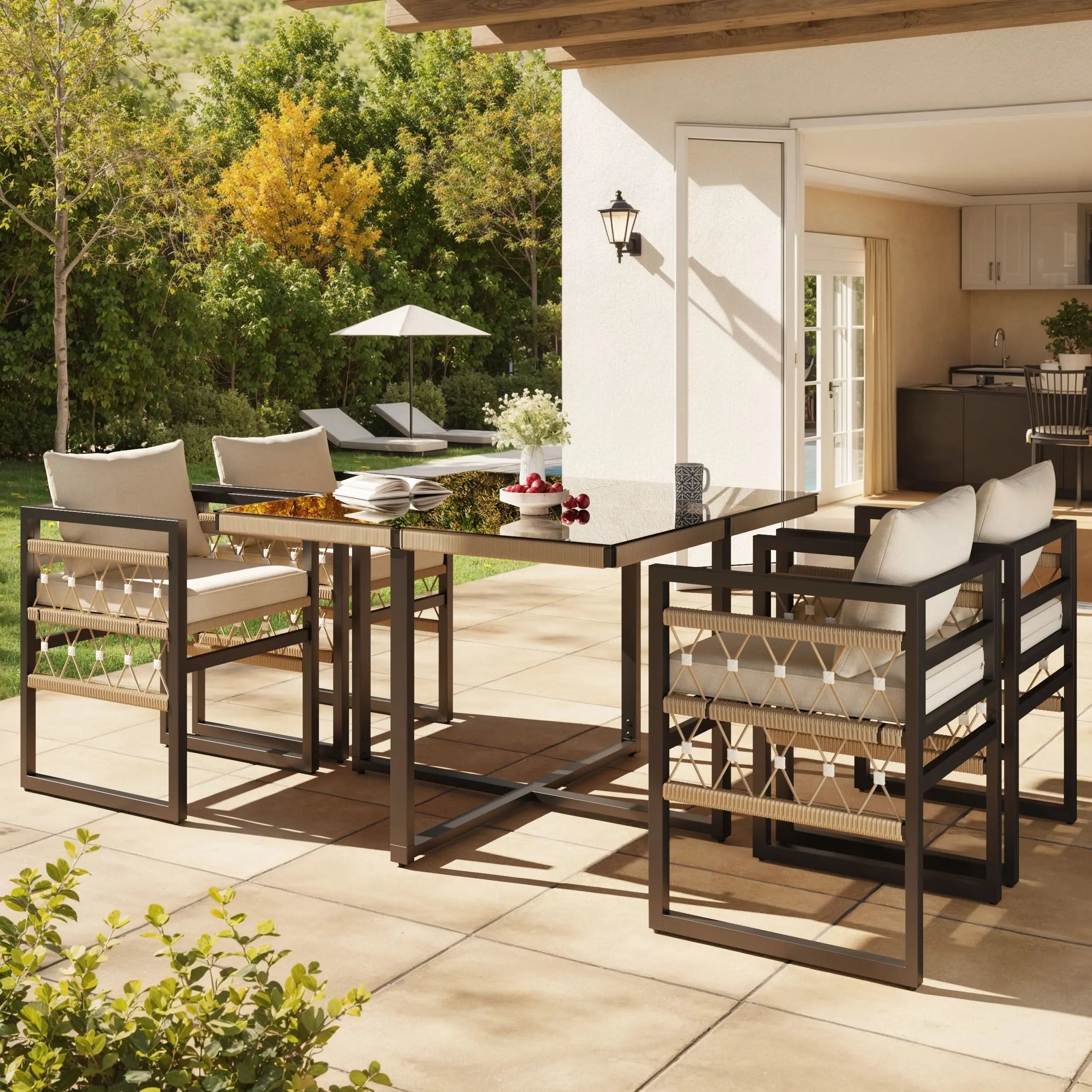 Hand-Woven Garden Sofa Set For 4 People Made Of Sturdy Iron With 4 Beige Cushions Incl. 1 Safety Glass Table & 4 Armchairs Weather-Resistant Patio Furniture Haslam Living