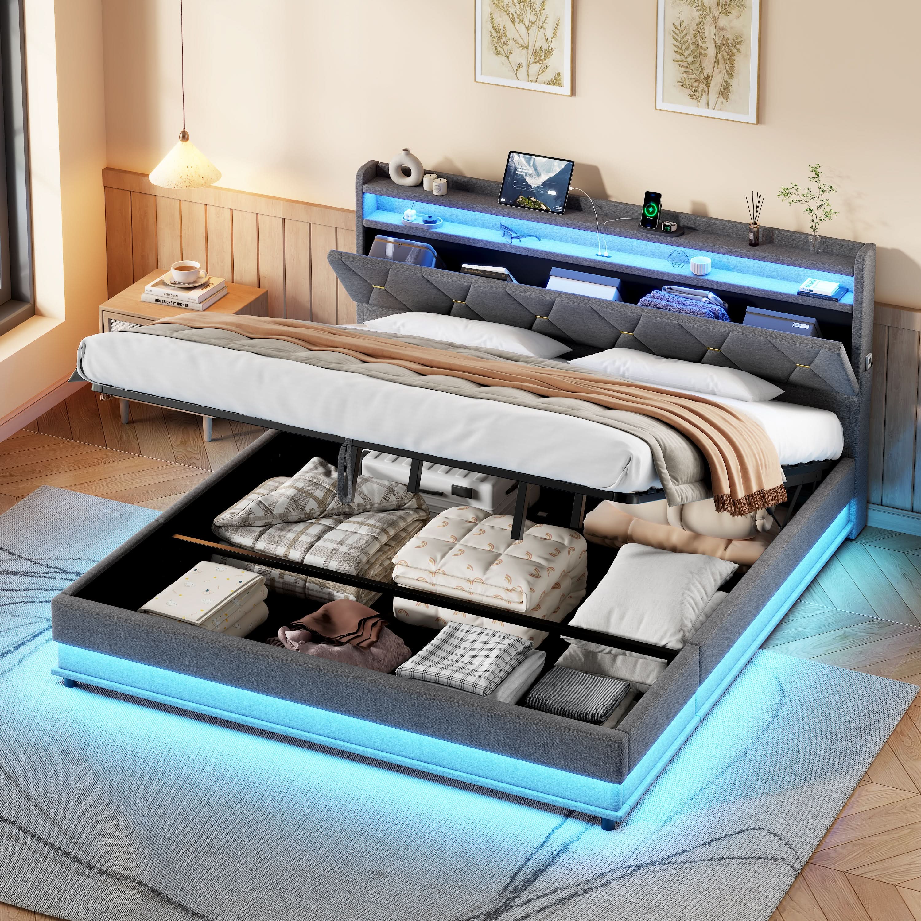 6ft Super King Upholstered Bed Frame With Hydraulic Storage, LED Headboard With Charging Station And Concealed Headboard Storage, USB And Type - C Ports, Linen, Grey, No Mattress Haslam Living