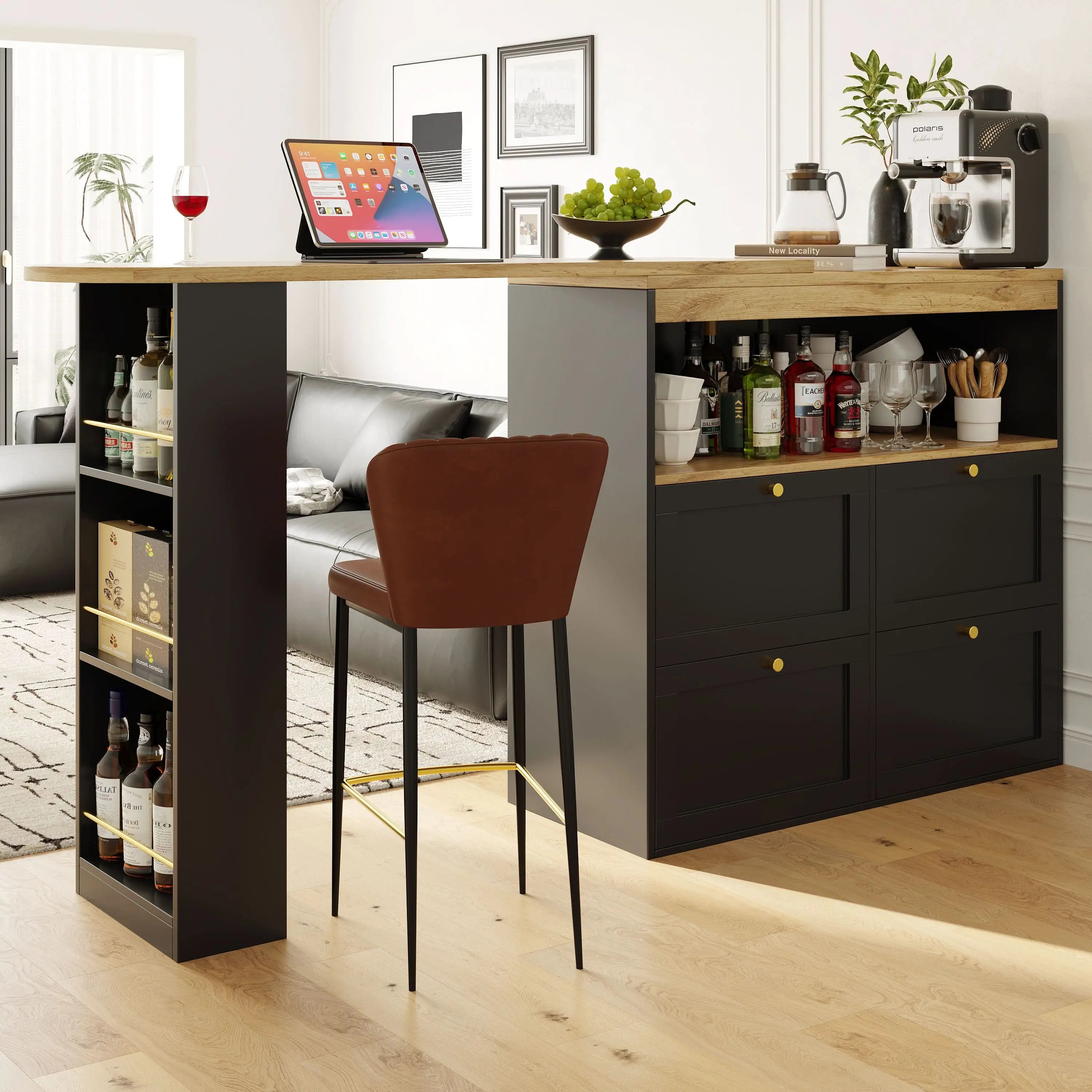 360 Swivelling Bar Table Main Body 105 X 39 X 102 Cm, With 4 Drawers And Open Shelves, Suitable For Dining Room Study Living Room Etc. Haslam Living