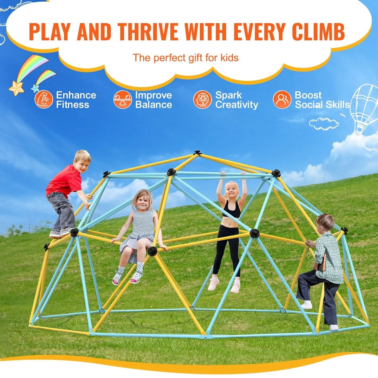Climbing Dome, 12FT Geometric Dome Climber Play Center For Kids 3 To 10 Years Old, Jungle Gym Supports 750LBS And Easy Assembly, With Climbing Grip, Outdoor Backyard Play Equipment For Kids Haslam Living