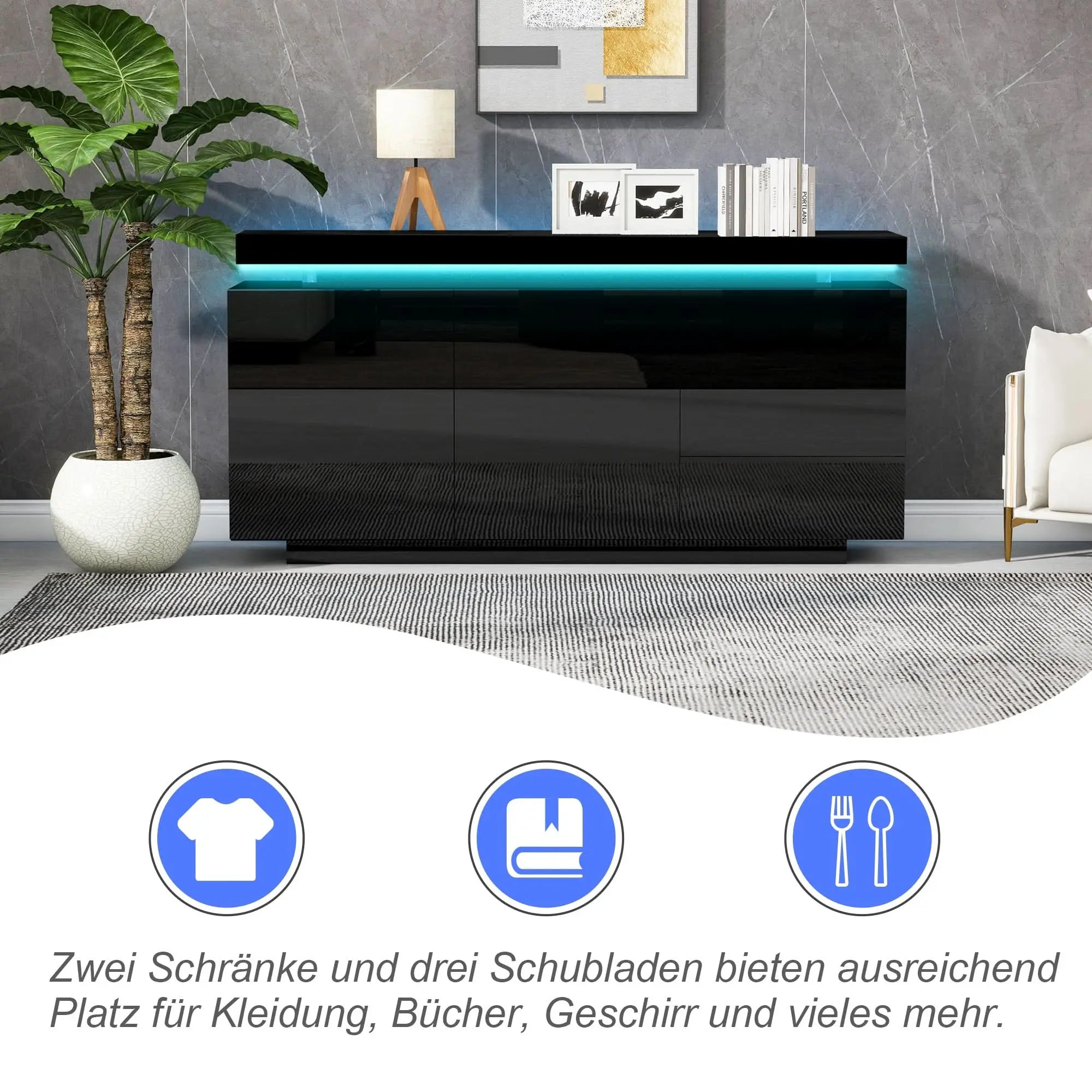 Sideboard With LED Lights, Side Cabinet Standing Cabinet Chest Of Drawers Highboard Sideboard With 2 Doors & 3 Drawers, High Gloss Sideboard For Living Room Dining Room, Black Haslam Living