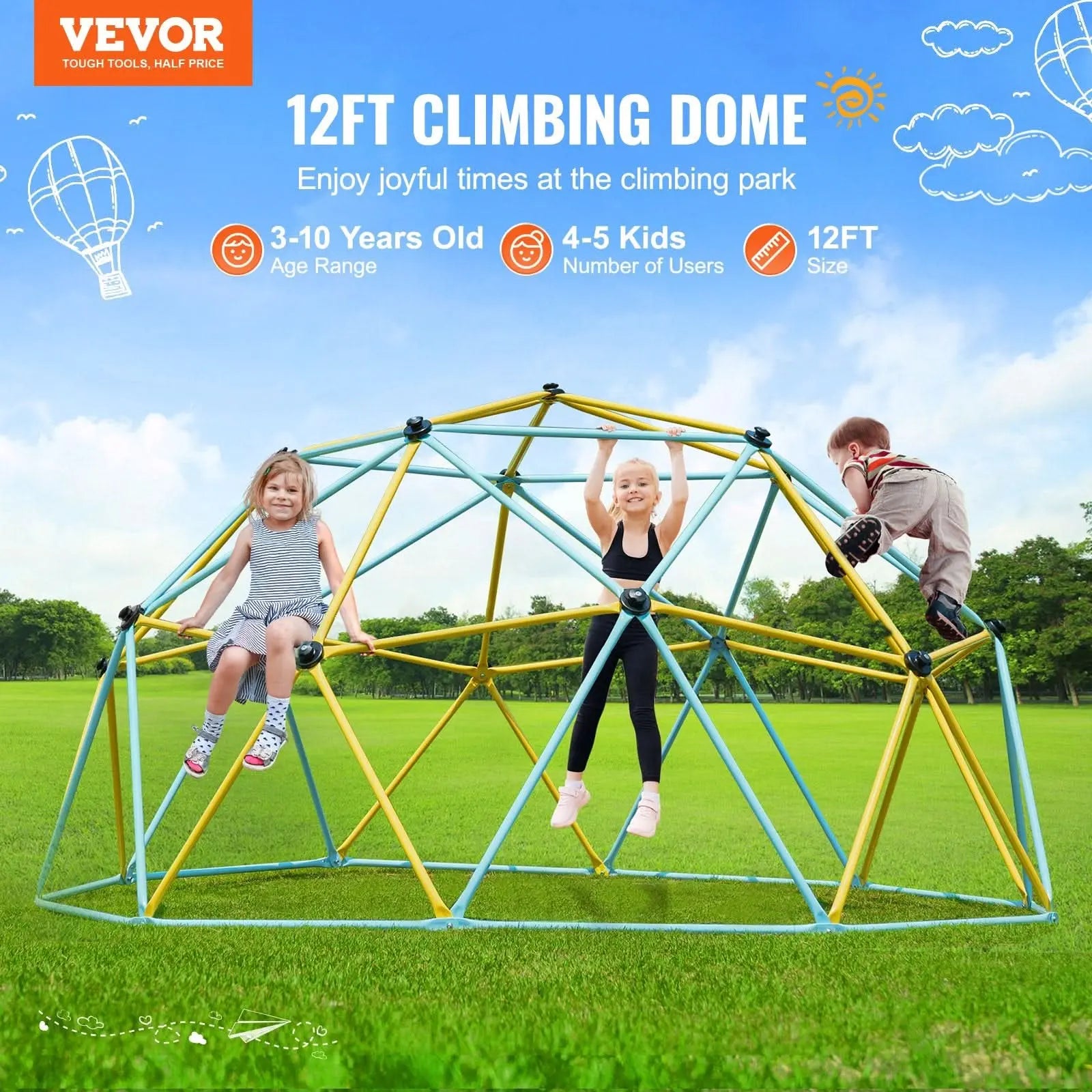Climbing Dome, 12FT Geometric Dome Climber Play Center For Kids 3 To 10 Years Old, Jungle Gym Supports 750LBS And Easy Assembly, With Climbing Grip, Outdoor Backyard Play Equipment For Kids Haslam Living