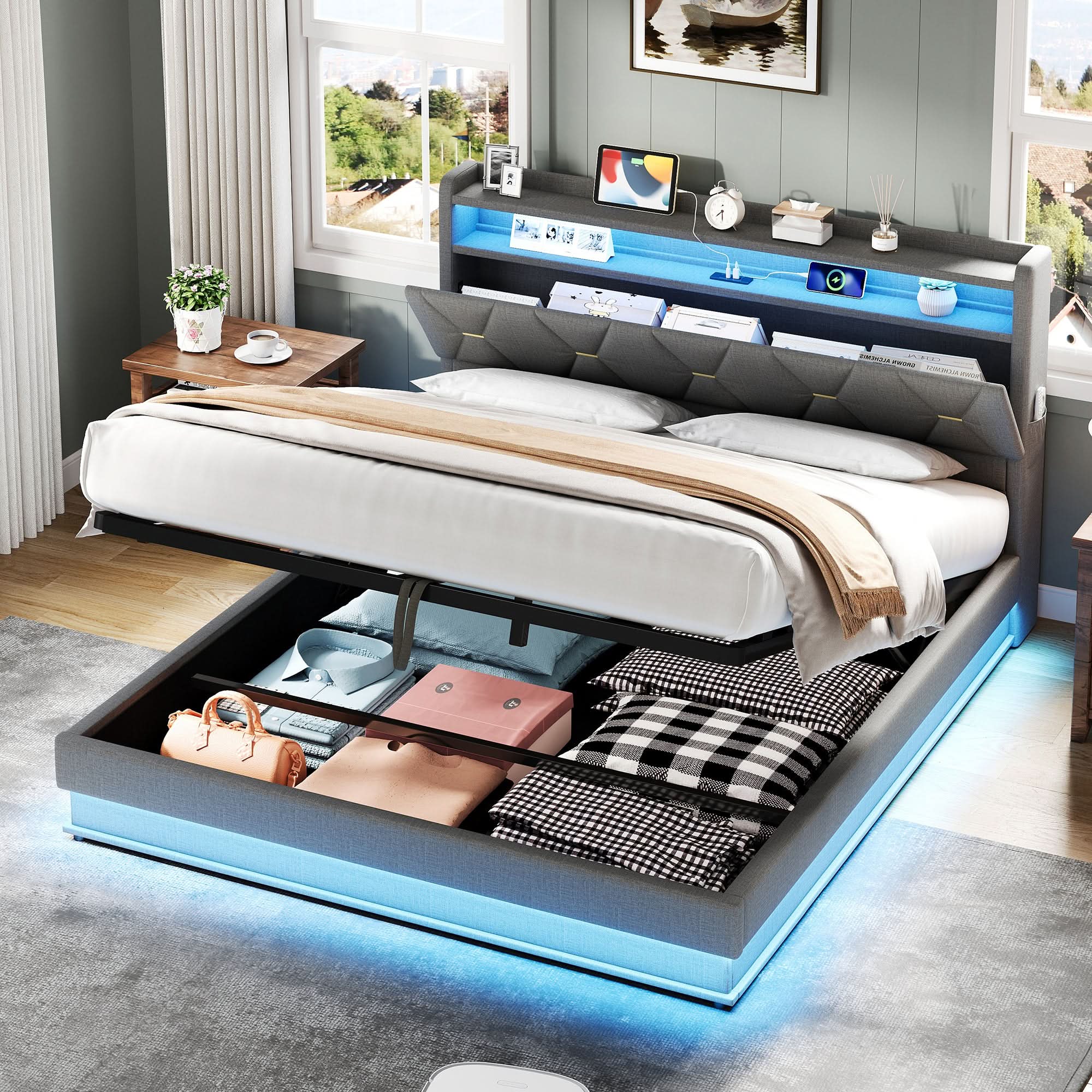 4ft6 Double Upholstered Bed Frame With Hydraulic Storage, LED Headboard With Charging Station And Concealed Headboard Storage, USB And Type - C Ports, Linen, No Box Spring Needed, Grey, No Mattress Haslam Living