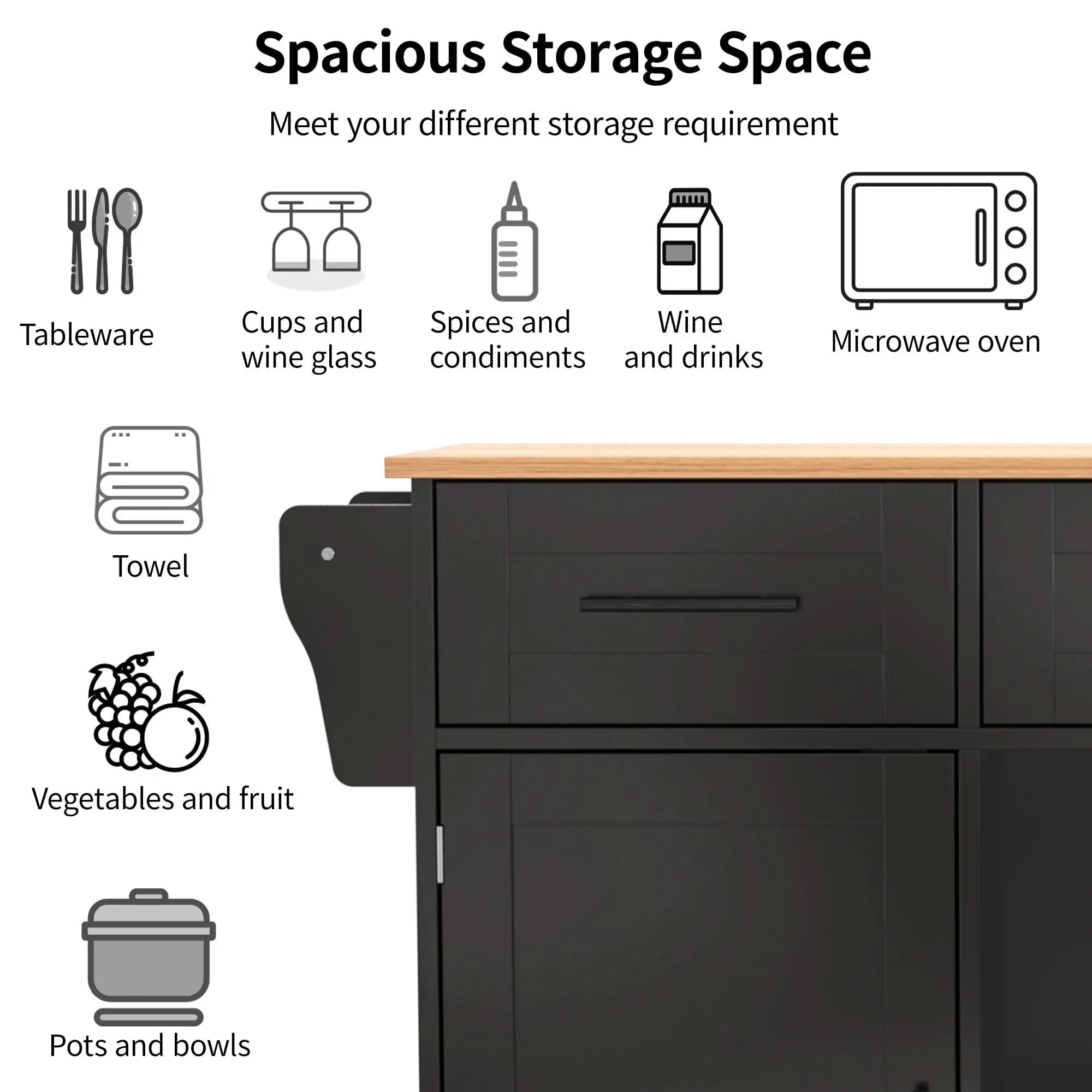 139x46 71x91.5 Cm Kitchen Island On Wheels,large Dining Cart, Trolley , Foldable Wood Grain Countertop, 3 Drawers, Interchangeable Wheels & Solid Wood Feet, For Dining Room Living Room Haslam Living