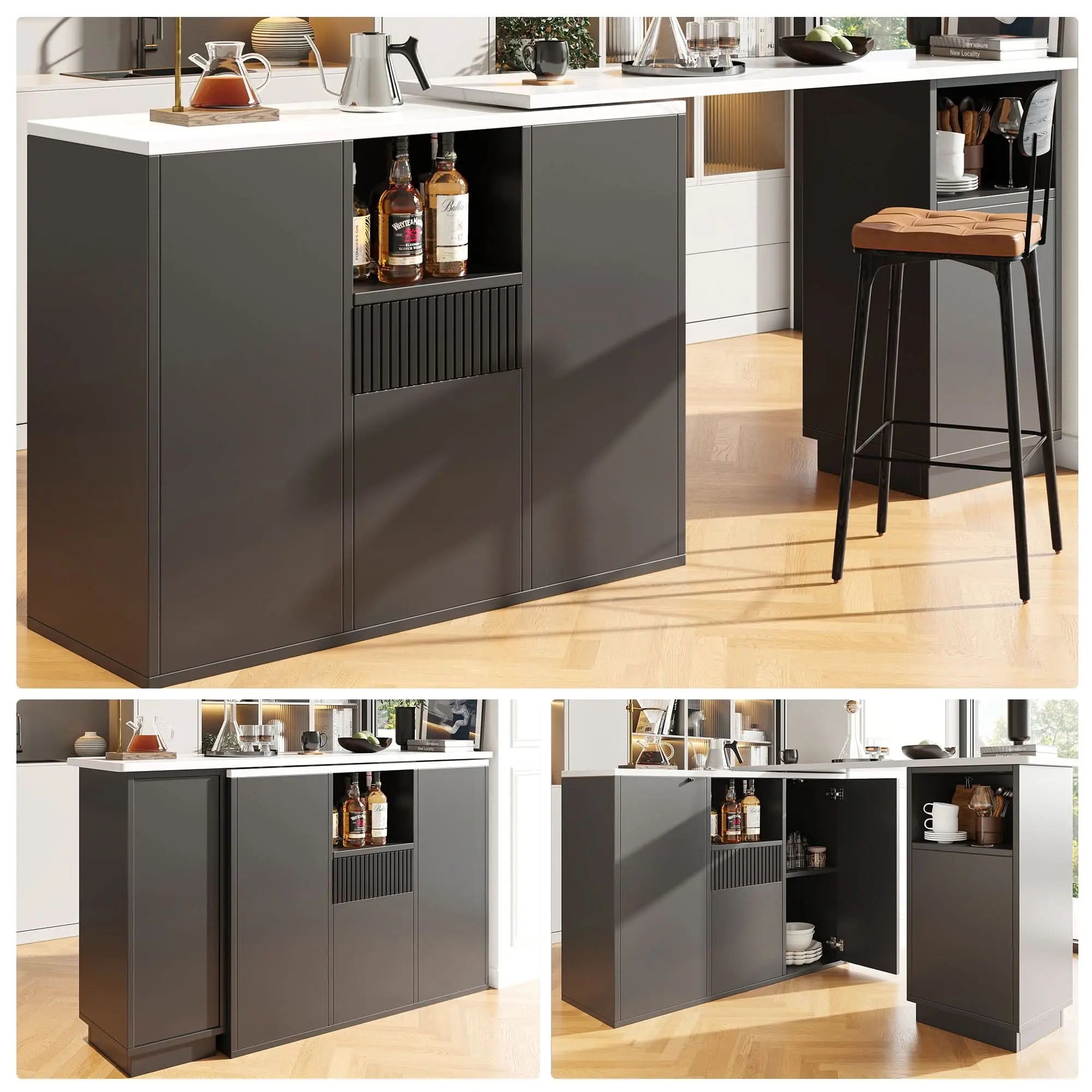 360 Swivelling Bar Table Main Body 198.5 X 30 X 75 Cm Modern And Sleek Design, With Open Storage Space And Marble Worktop, Suitable For Kitchen, Living Room And Dining Room, Black Haslam Living
