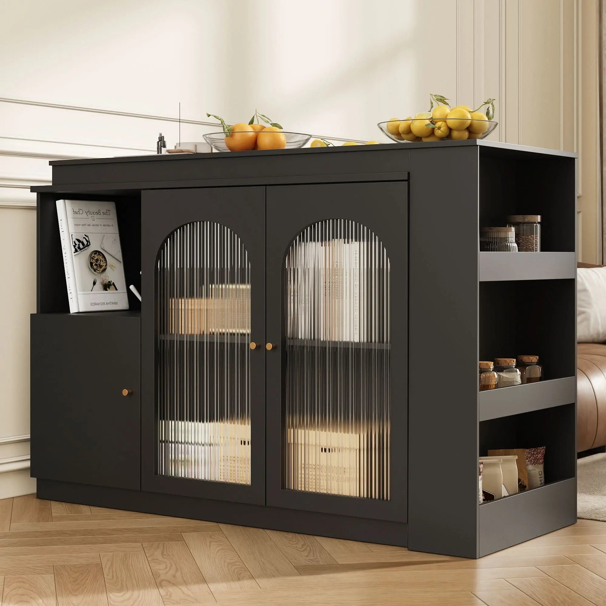 360 Rotating Bar Table Main Body, Modern And Simple Black Rotating Dining And Bar Cabinet, Multifunctional Storage Cabinet With Glass Door Haslam Living