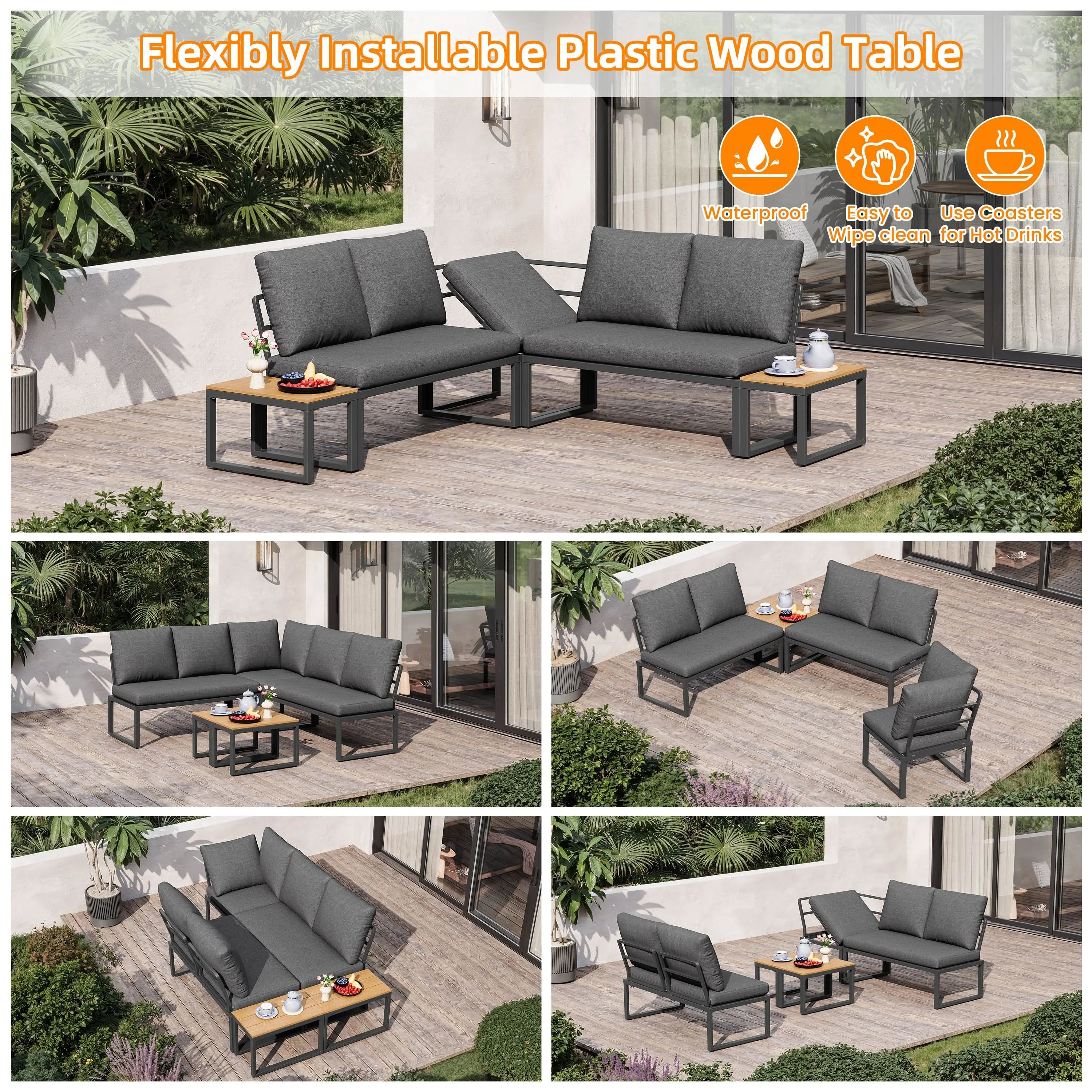 4-5 Seater Garden Outdoor Set With Flexibly Convertible Plastic Wood Tables, Adjustable Corner Sofa And Lounge Chair, Weather-Resistant Patio Furniture For Garden, Balcony And Terrace, Linen, Grey Haslam Living
