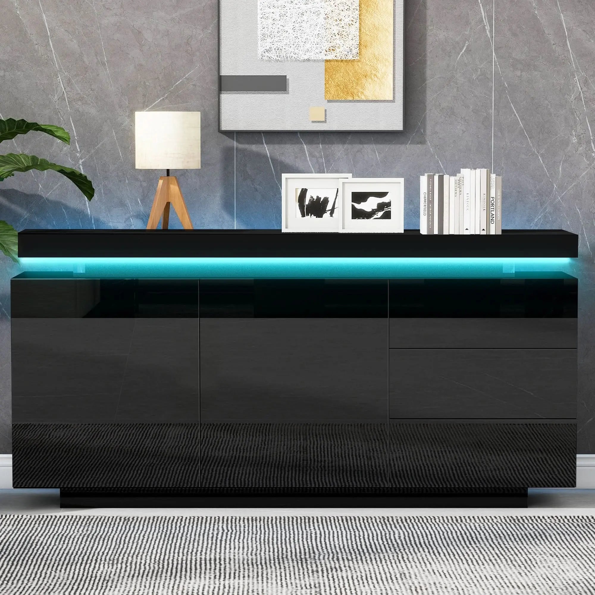 Sideboard With LED Lights, Side Cabinet Standing Cabinet Chest Of Drawers Highboard Sideboard With 2 Doors & 3 Drawers, High Gloss Sideboard For Living Room Dining Room, Black Haslam Living