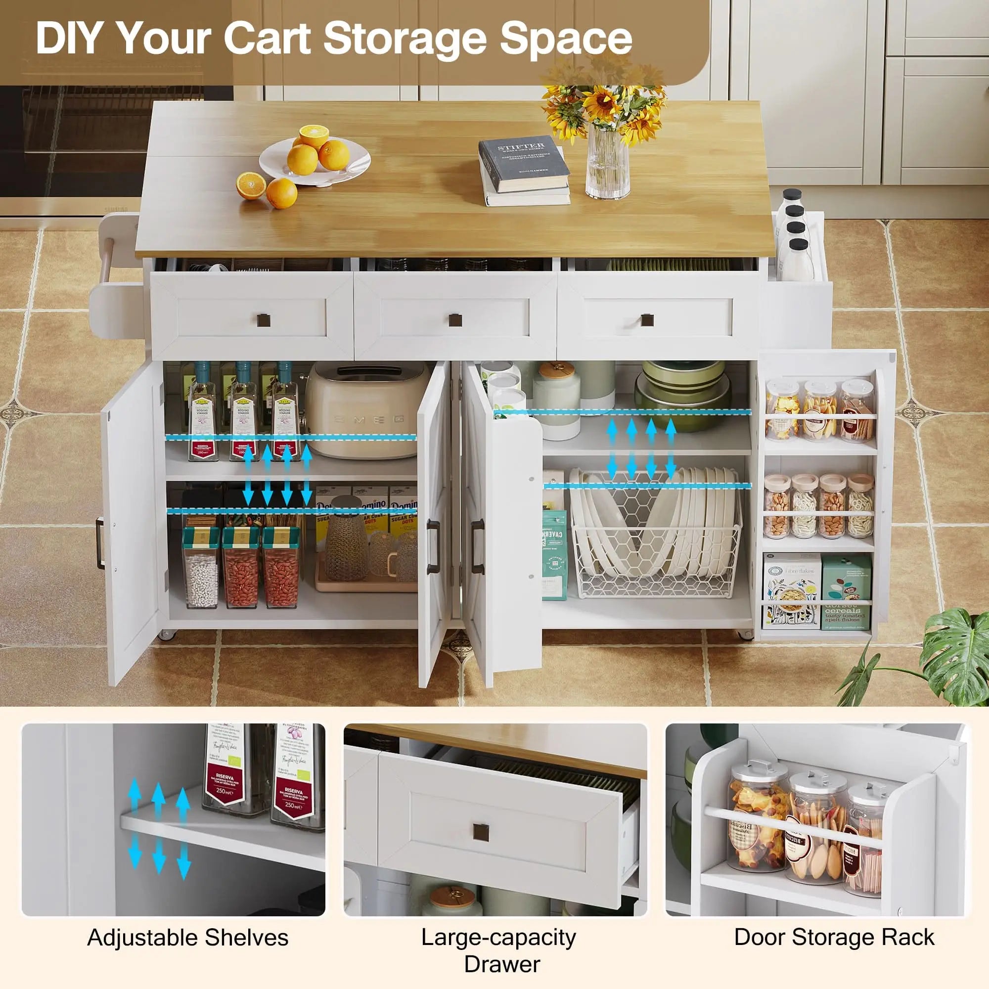 Kitchen Island With Foldable Countertop, 5 Lockable Wheels, 4 Doors, 3 Drawers, Door Shelf, Storage Racks, Towel Holder, Barn Style Design, White Haslam Living