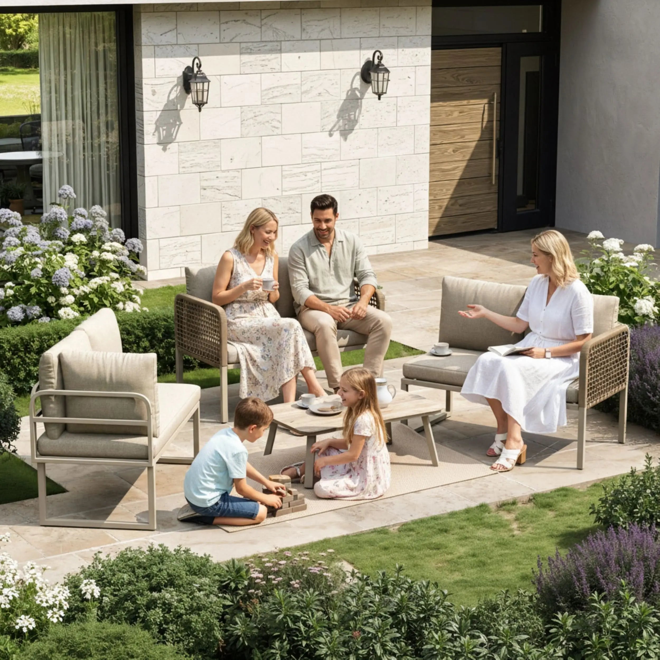 5-6 Seater Garden Furniture Set With Wood-look Tempered Glass Coffee Table, L-Shaped Corner Sofa With Polyester Rope, Weatherproof Outdoor Patio Dining Lounge Set For Balcony And Terrace, Linen, Beige Haslam Living